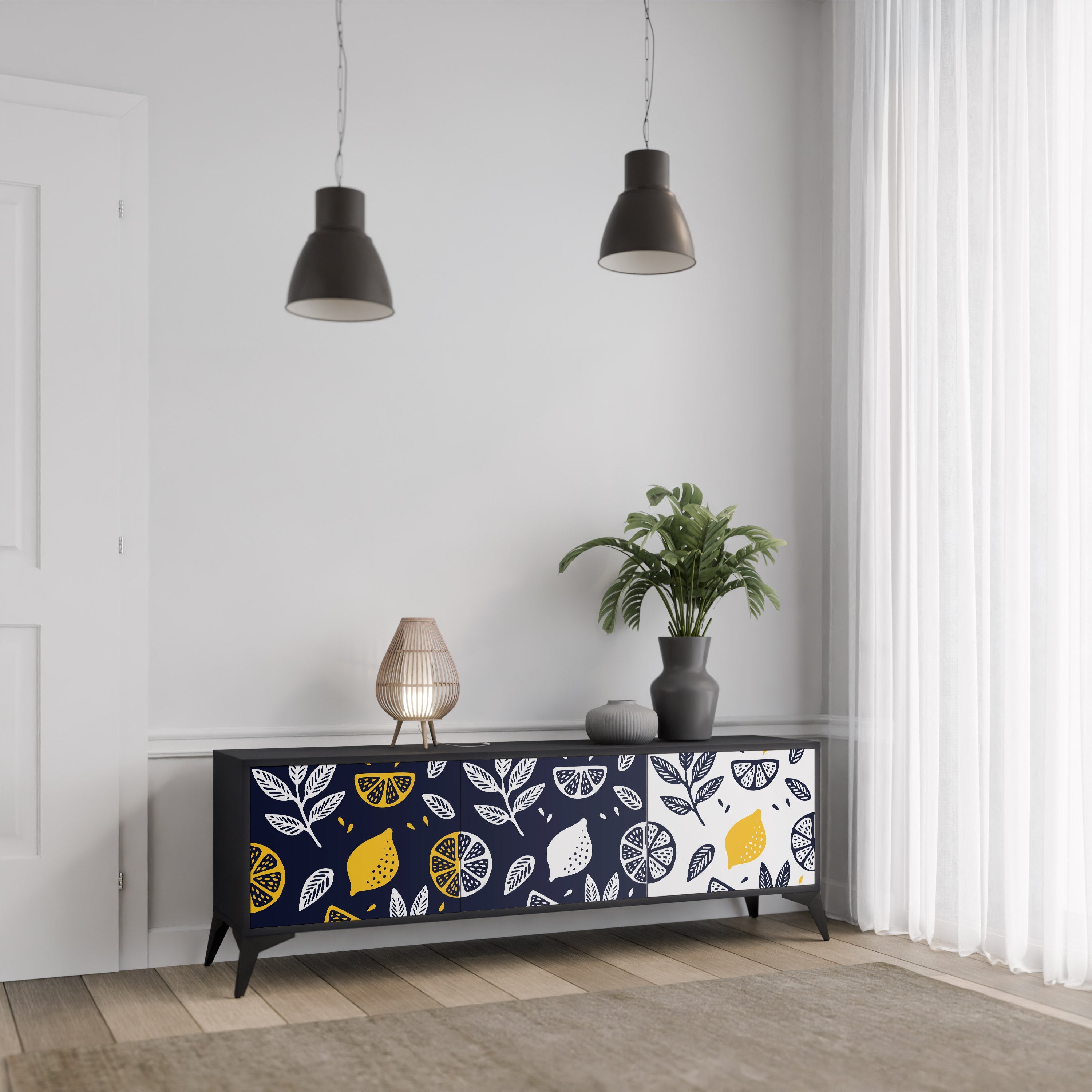 CITRUS BLACK AND WHITE Móvel de TV com 3 Portas em Acabamento Preto