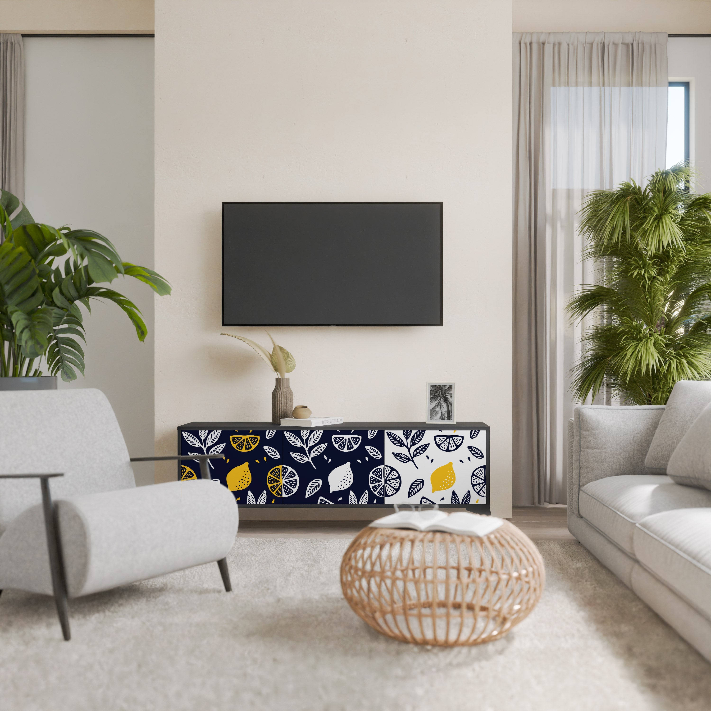 CITRUS BLACK AND WHITE Móvel de TV com 3 Portas em Acabamento Preto