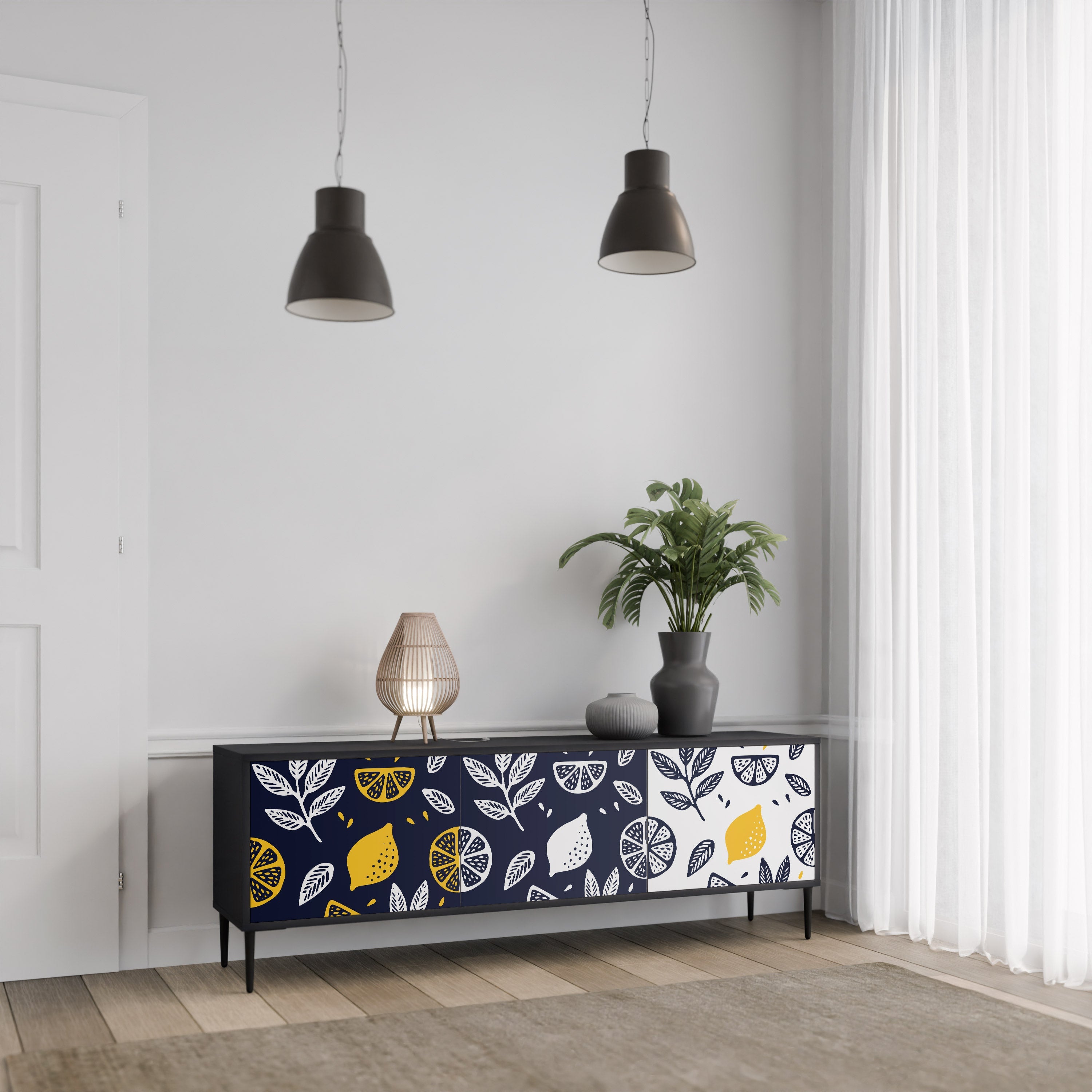 CITRUS BLACK AND WHITE Móvel de TV com 3 Portas em Acabamento Preto