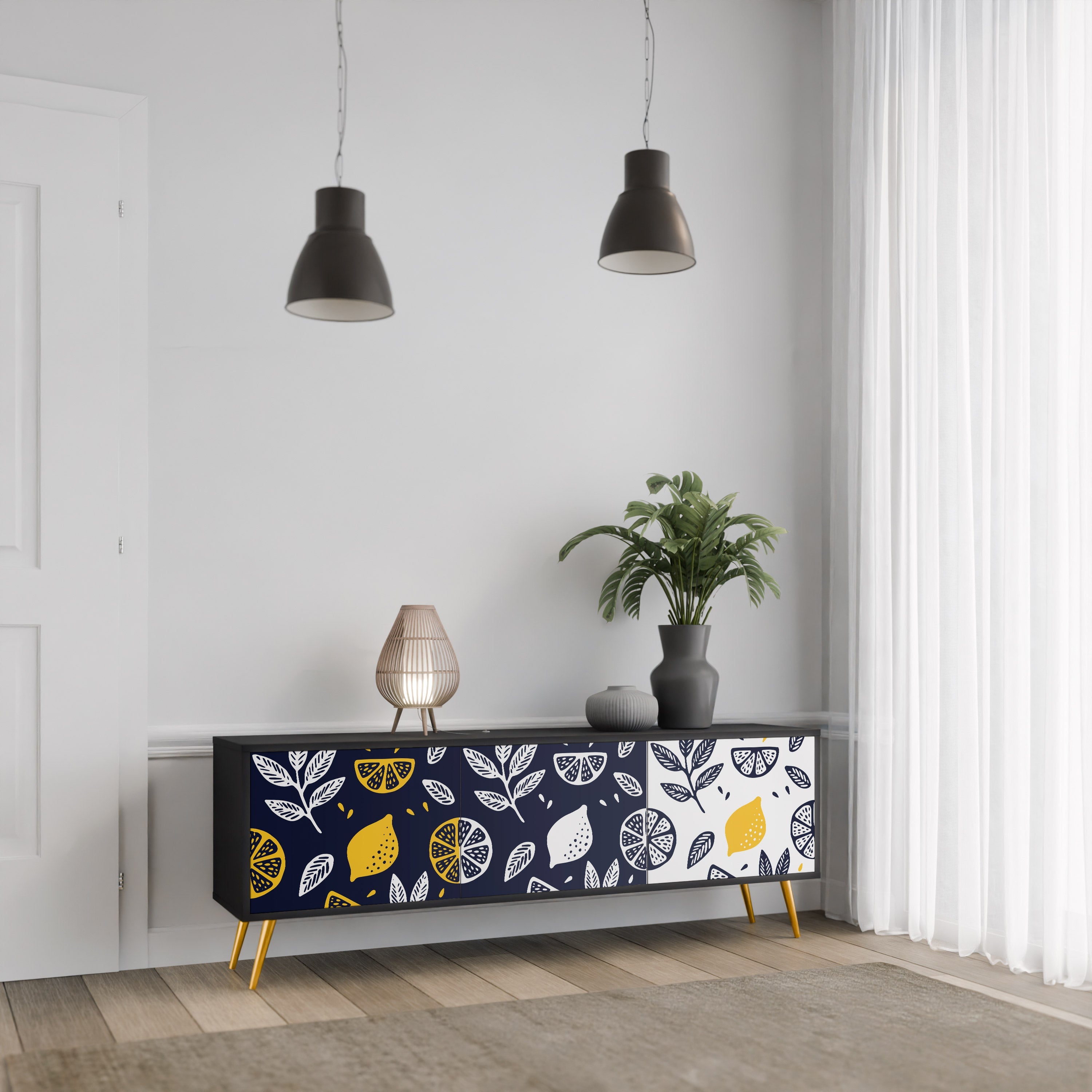 CITRUS BLACK AND WHITE Móvel de TV com 3 Portas em Acabamento Preto