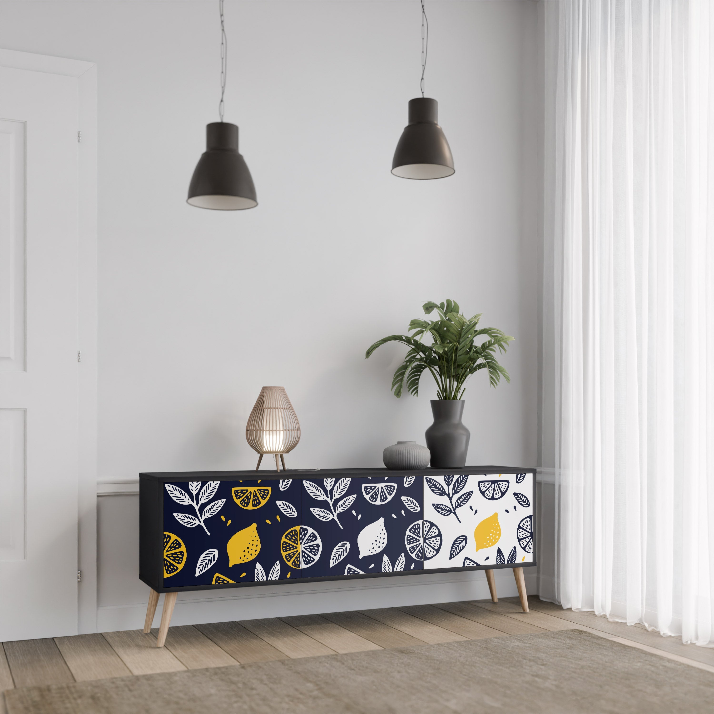 CITRUS BLACK AND WHITE Móvel de TV com 3 Portas em Acabamento Preto