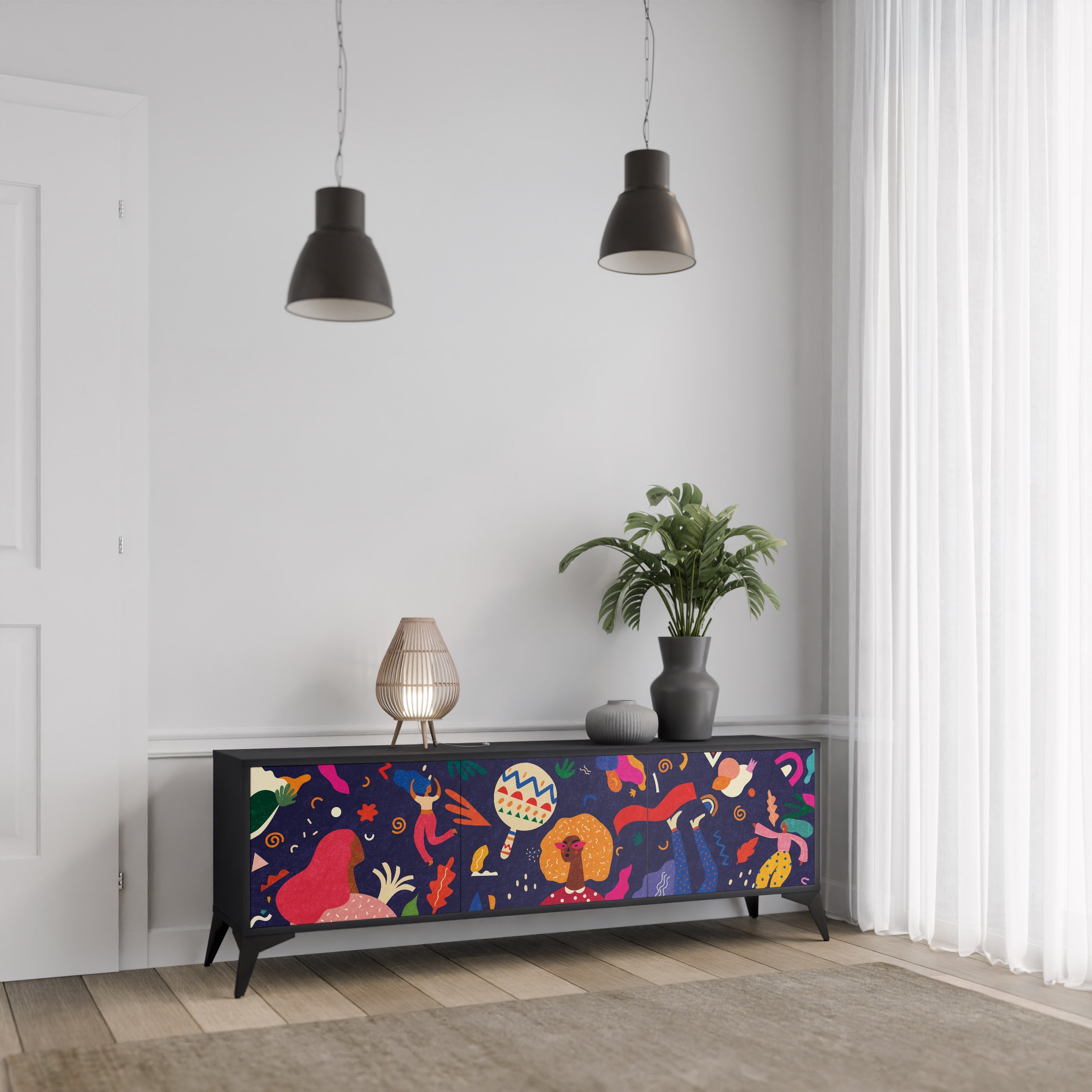 FESTIVE PLEASURES Móvel de TV com 3 Portas em Acabamento Preto