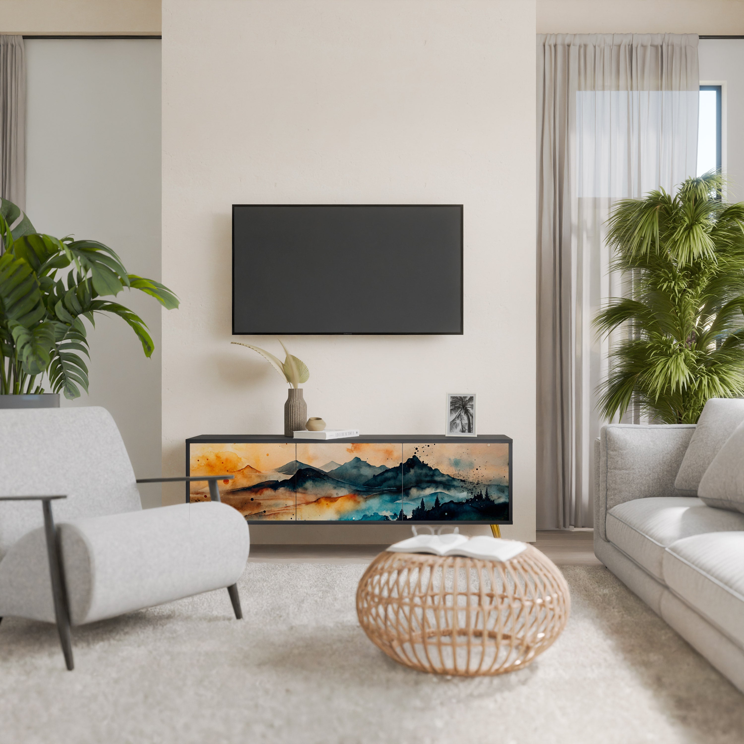 OMINOUS MOUNTAINS Móvel de TV com 3 Portas em Acabamento Preto