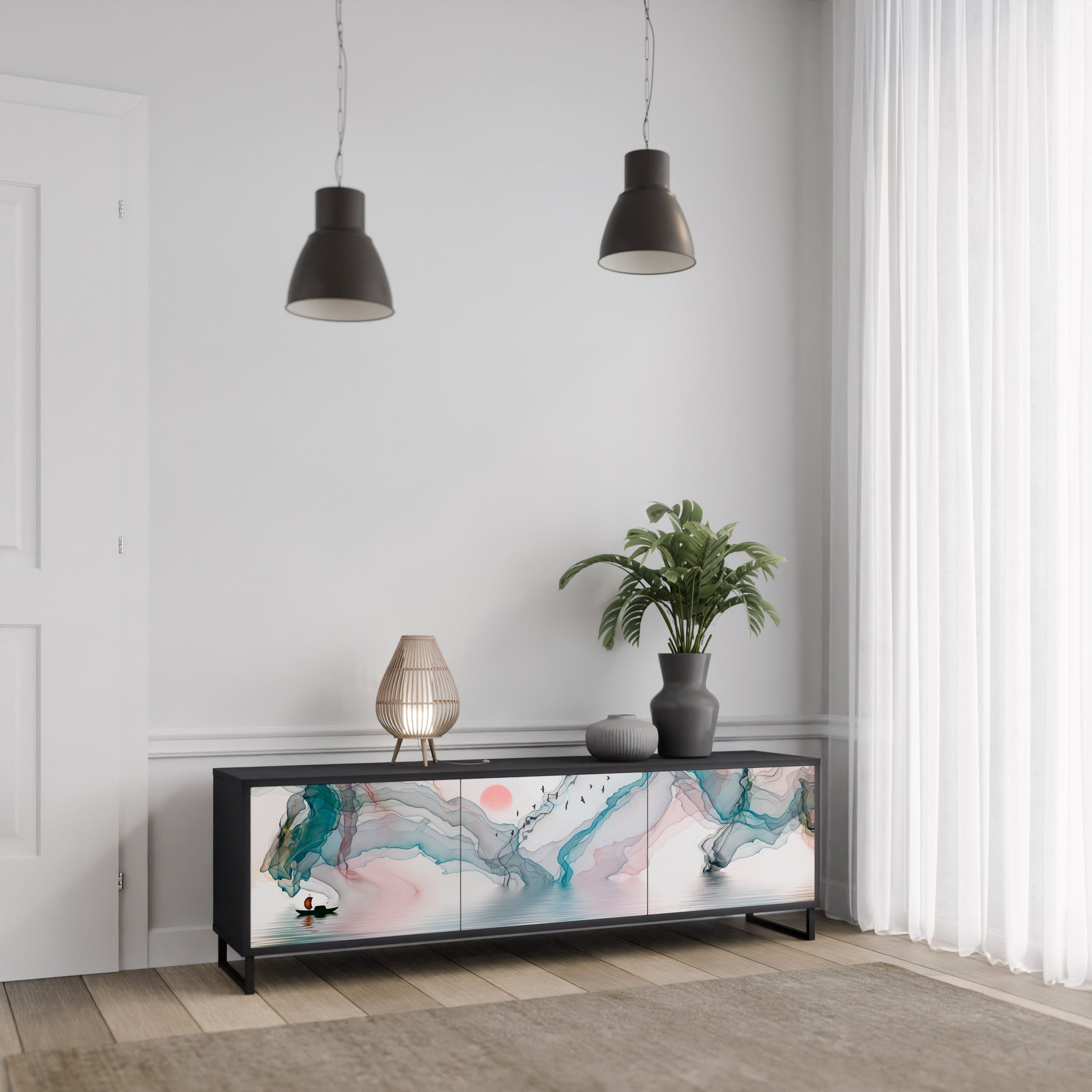 VELVET CROSSING 3-Door TV Stand in Black Finish