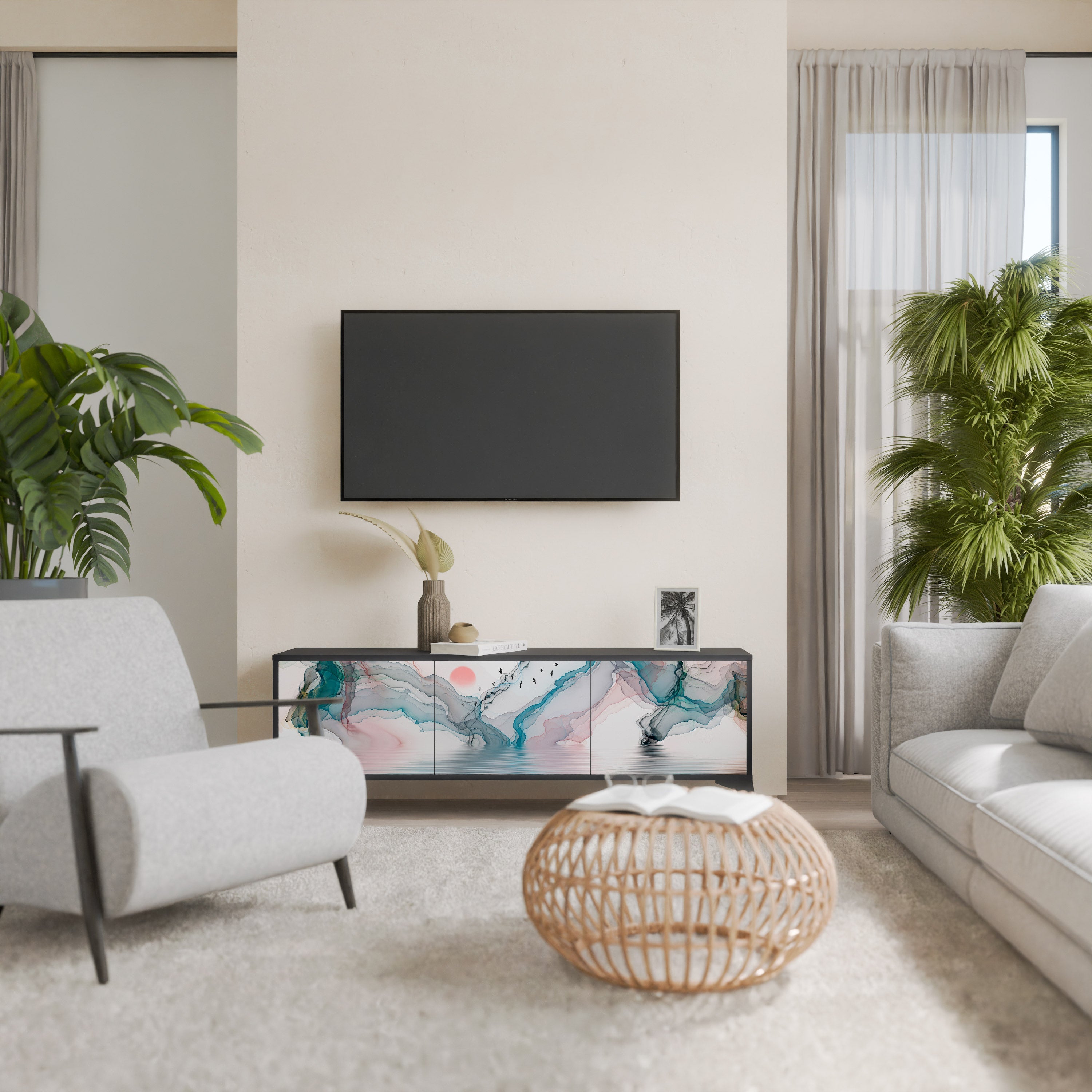 VELVET CROSSING 3-Door TV Stand in Black Finish