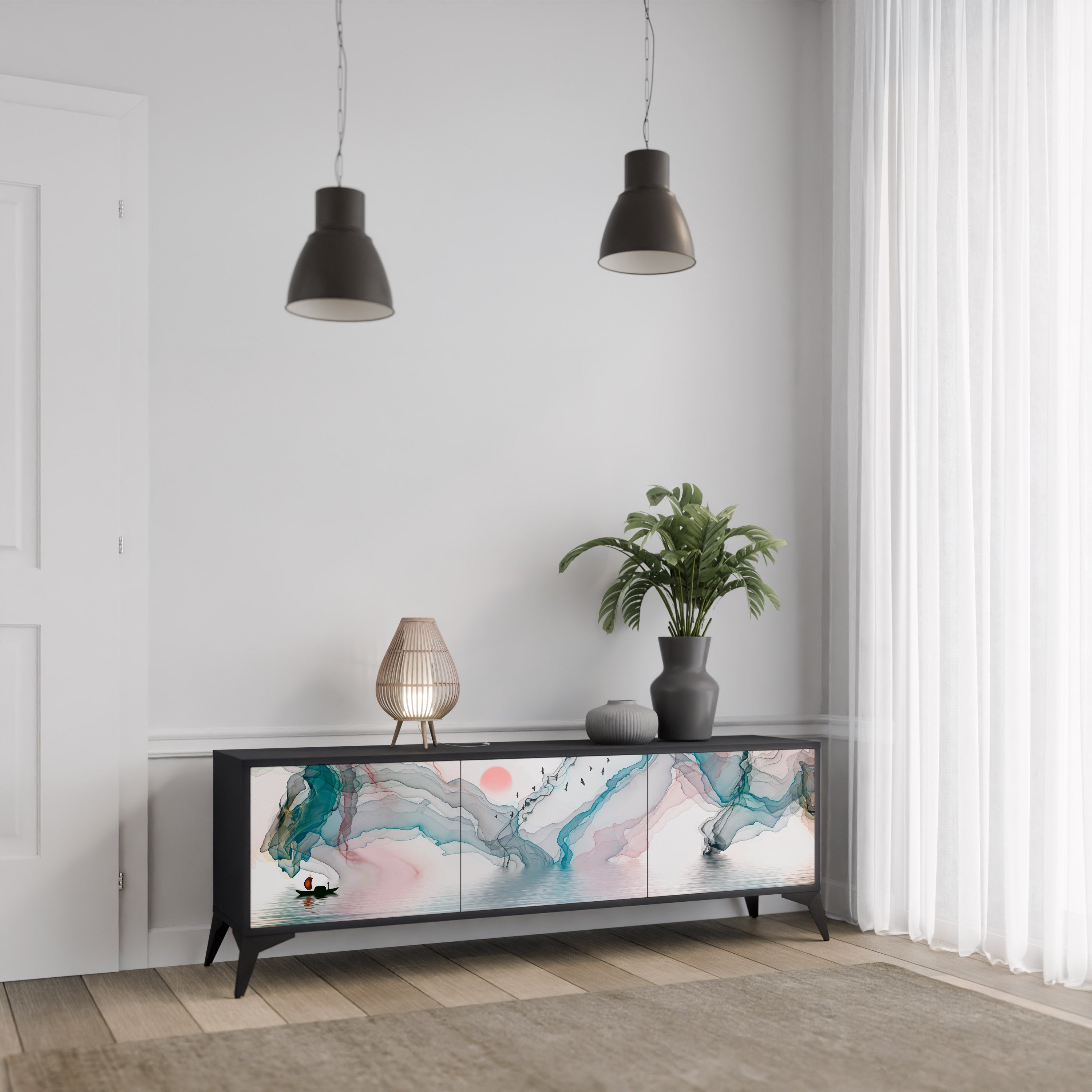 VELVET CROSSING 3-Door TV Stand in Black Finish