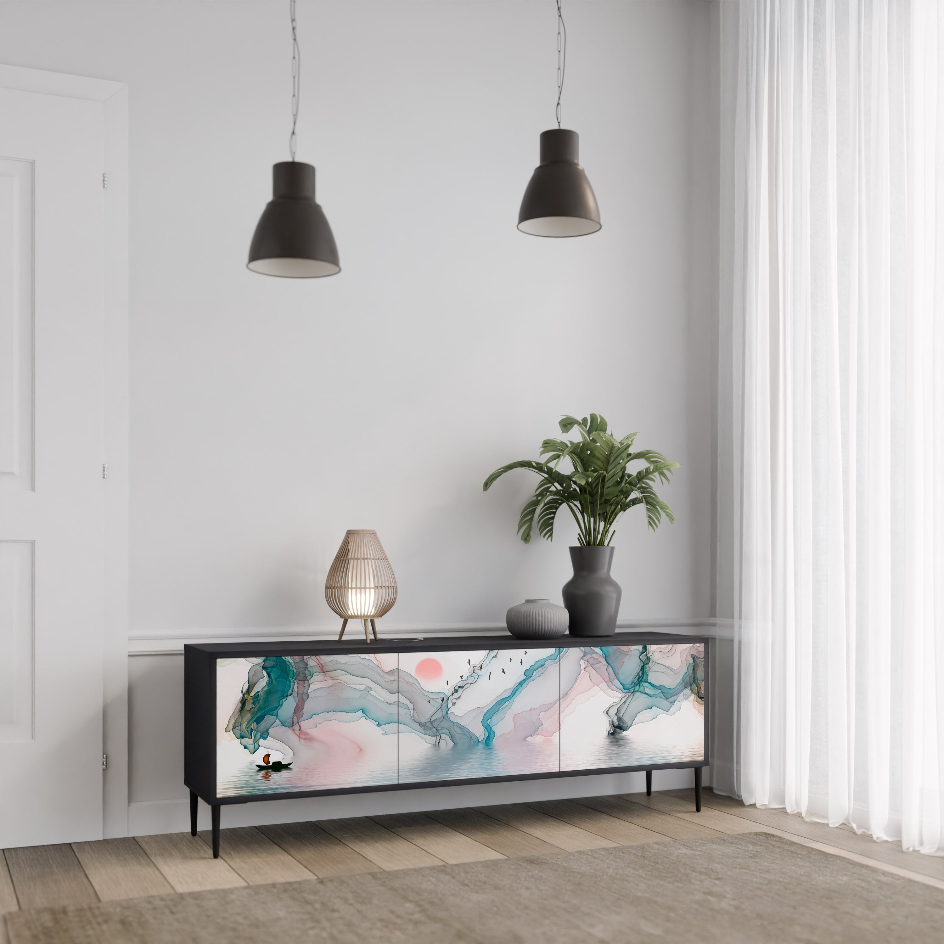 VELVET CROSSING Móvel de TV com 3 Portas em Acabamento Preto