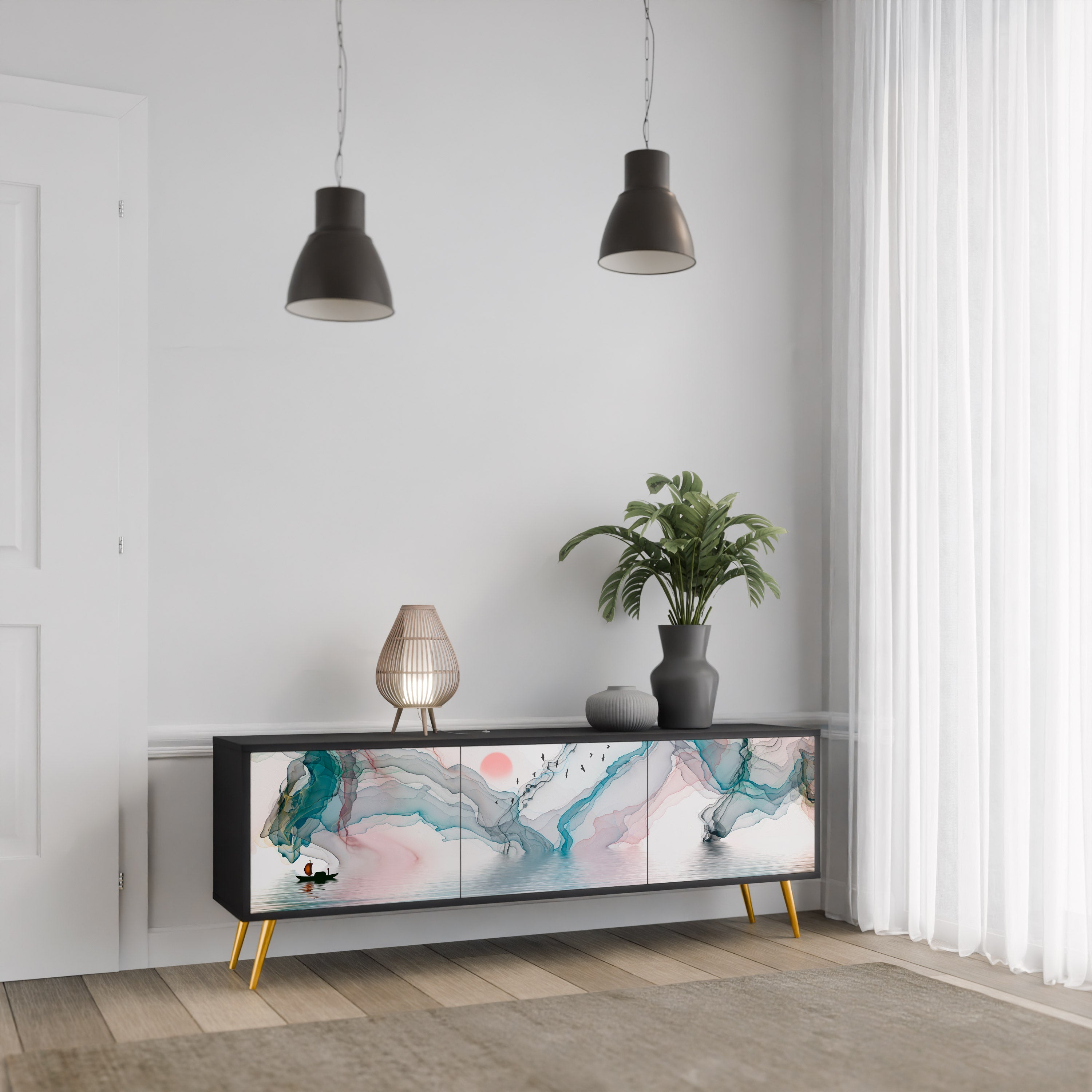 VELVET CROSSING 3-Door TV Stand in Black Finish