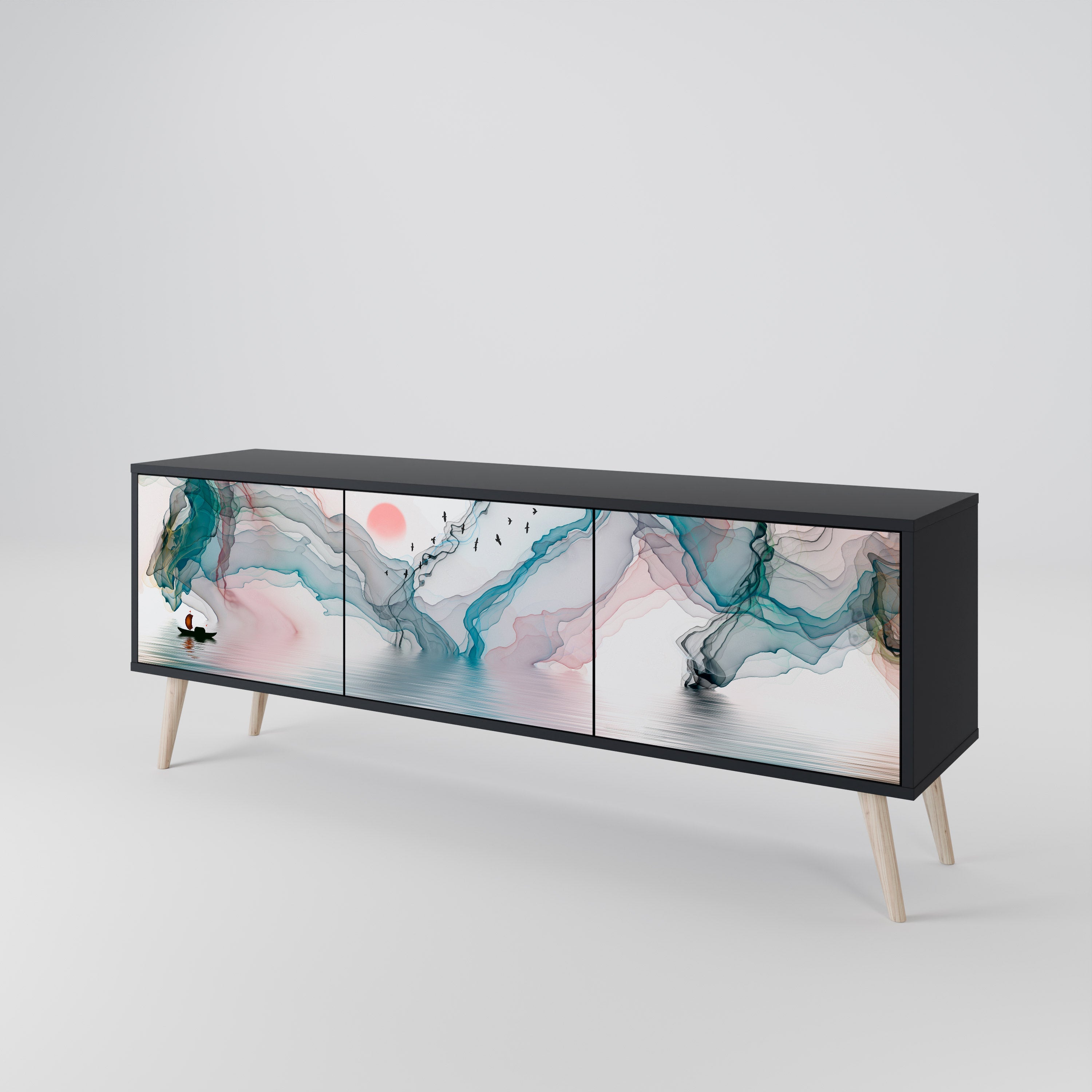 VELVET CROSSING 3-Door TV Stand in Black Finish