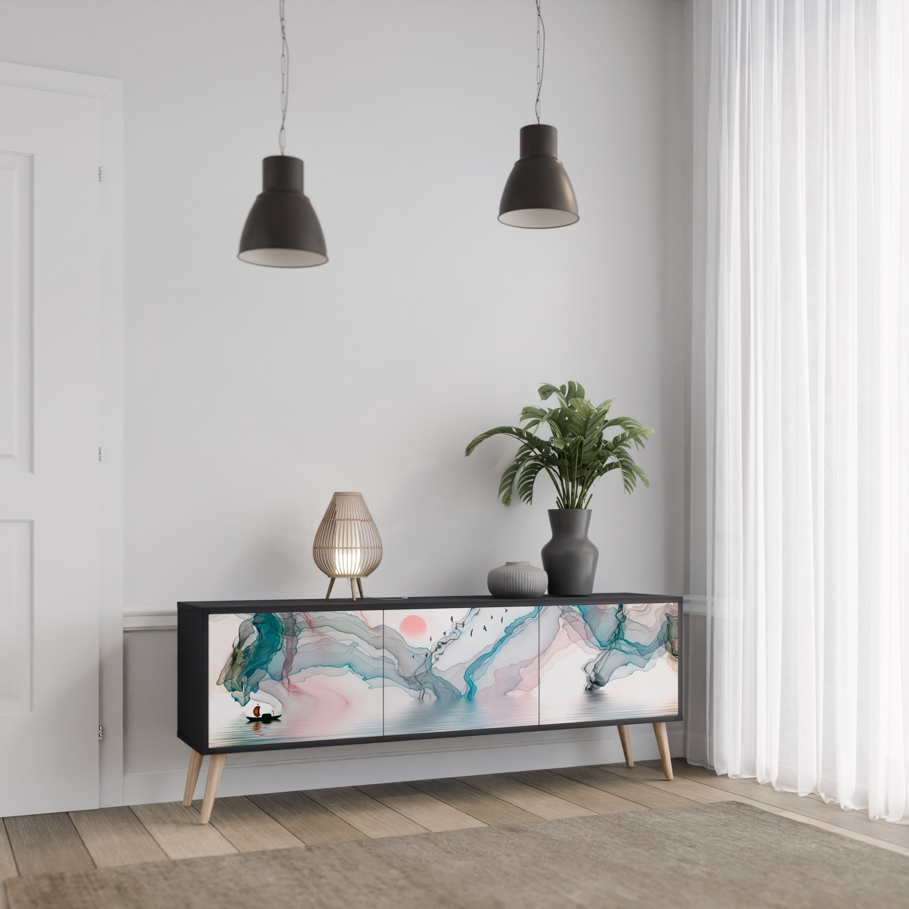 VELVET CROSSING 3-Door TV Stand in Black Finish