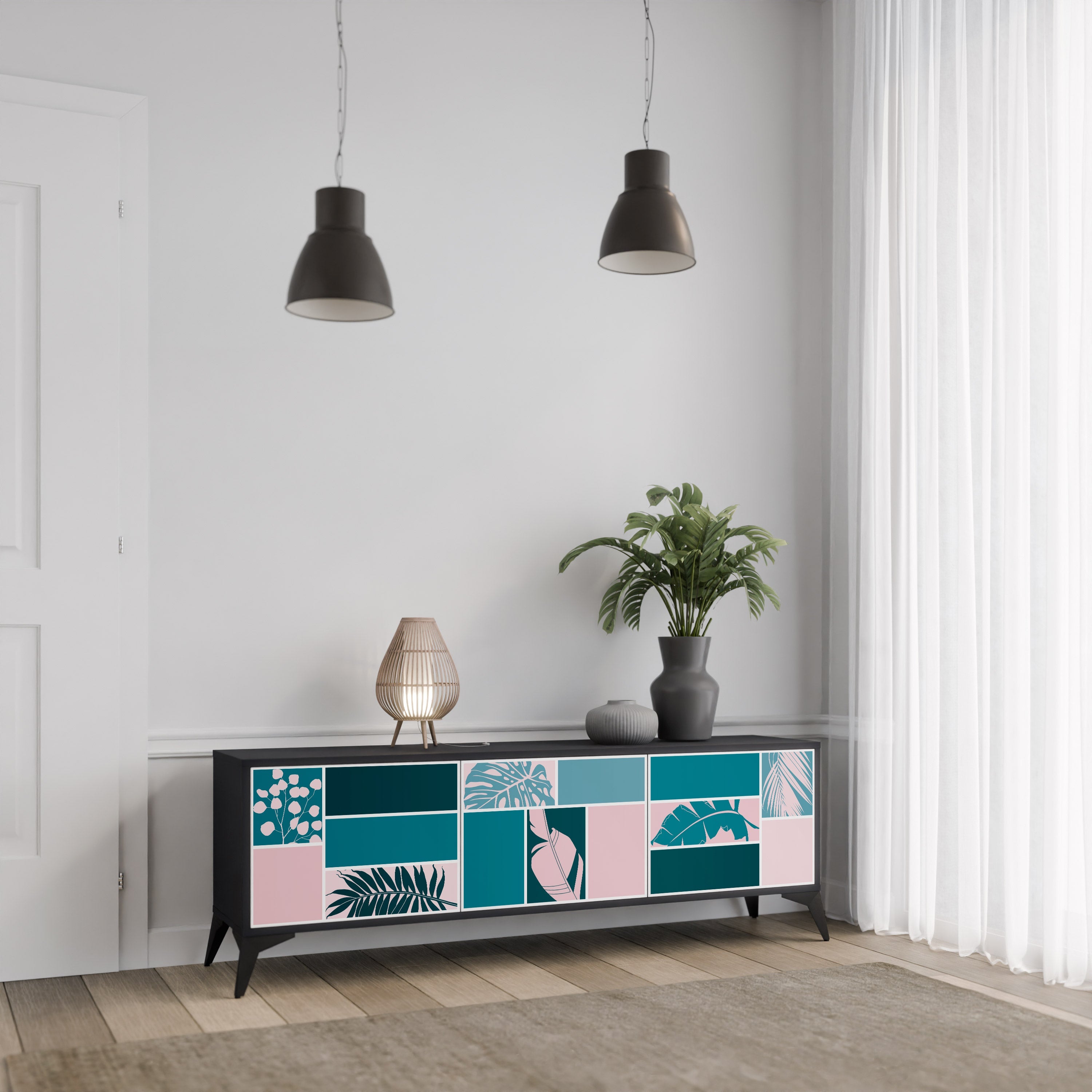 COMBINATION OF SHAPES 3-Door TV Stand in Black Finish