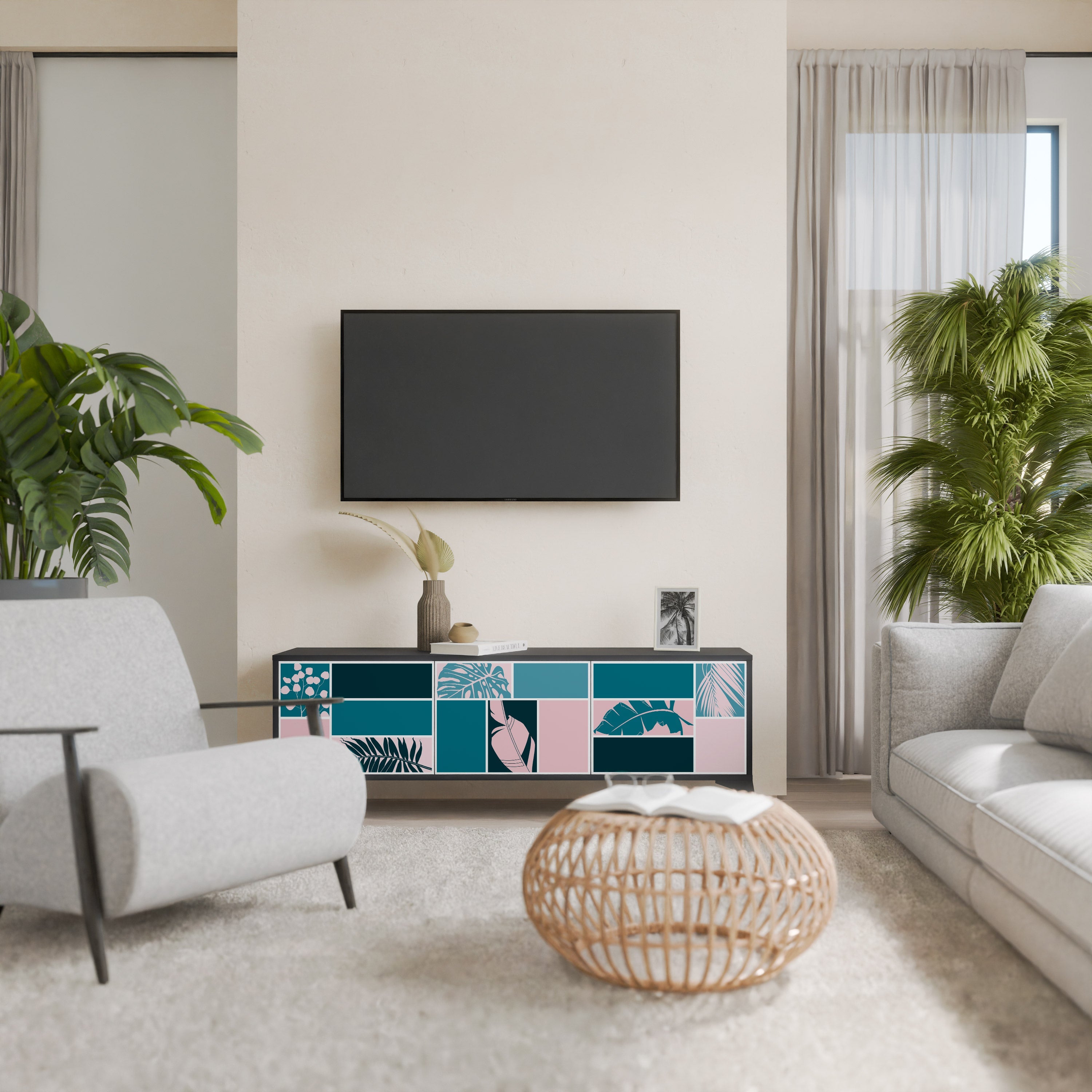 COMBINATION OF SHAPES 3-Door TV Stand in Black Finish