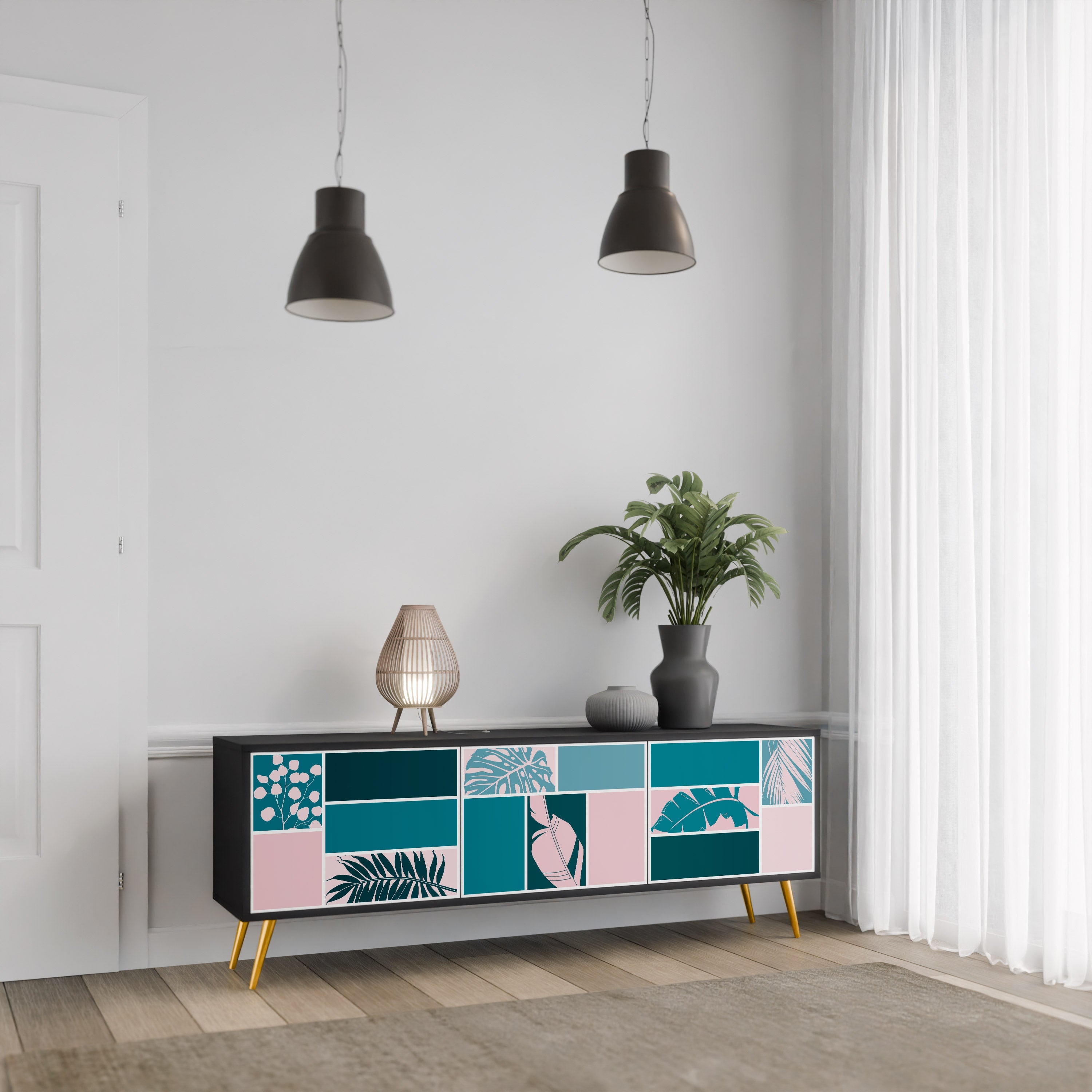 COMBINATION OF SHAPES 3-Door TV Stand in Black Finish