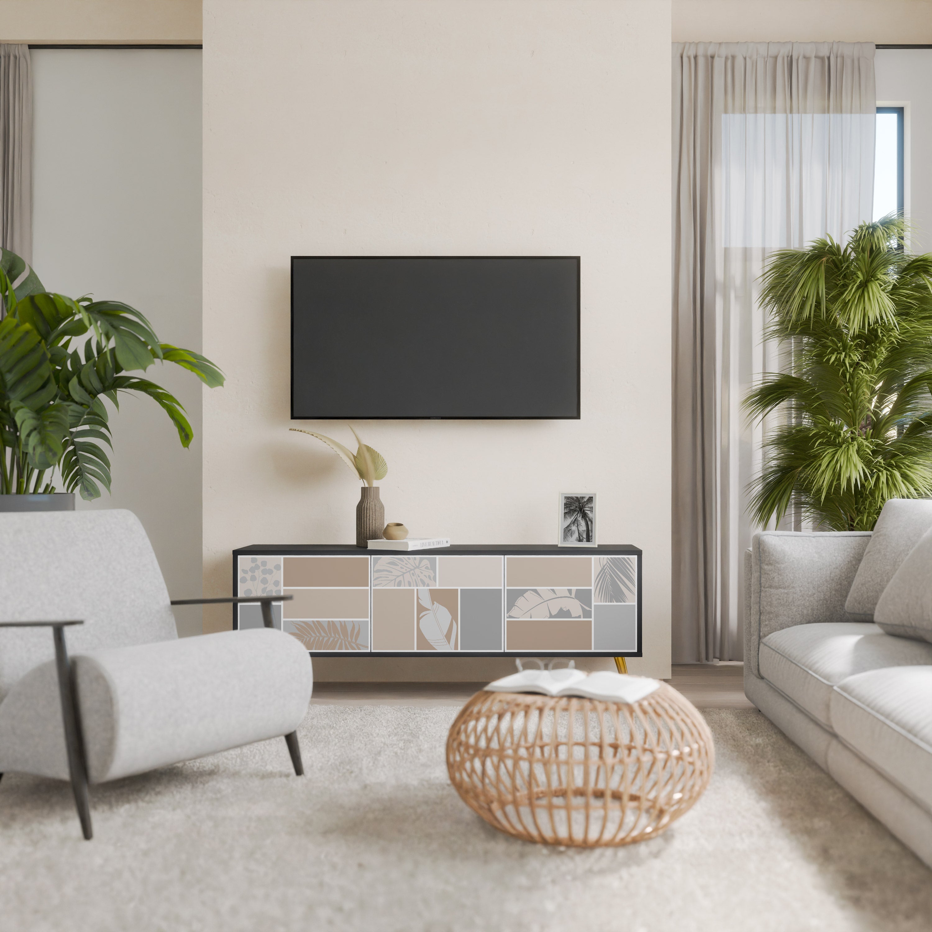 TROPICAL SHAPES 3-Door TV Stand in Black Finish