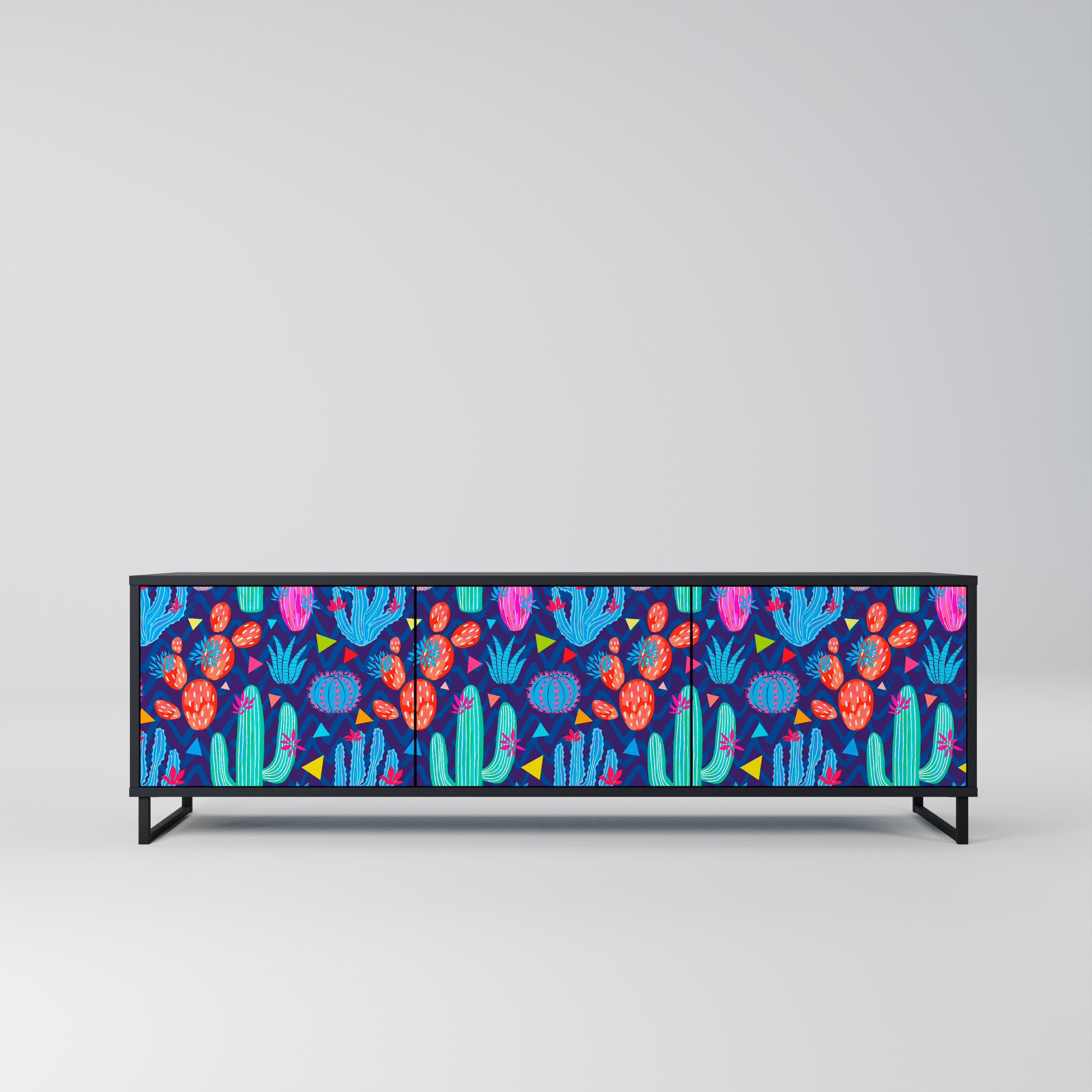 CACTUS VIBES Móvel de TV com 3 Portas em Acabamento Preto