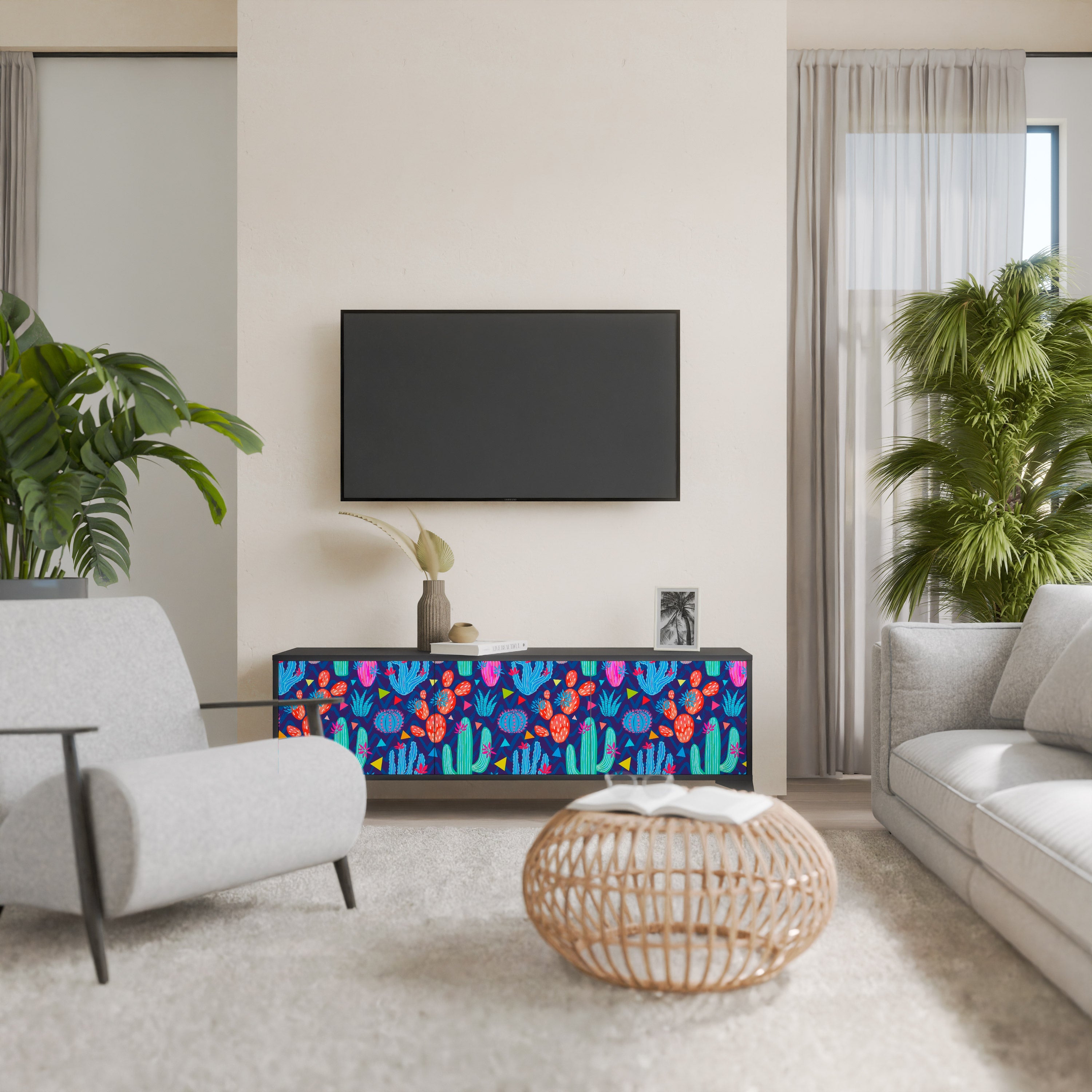 CACTUS VIBES Móvel de TV com 3 Portas em Acabamento Preto