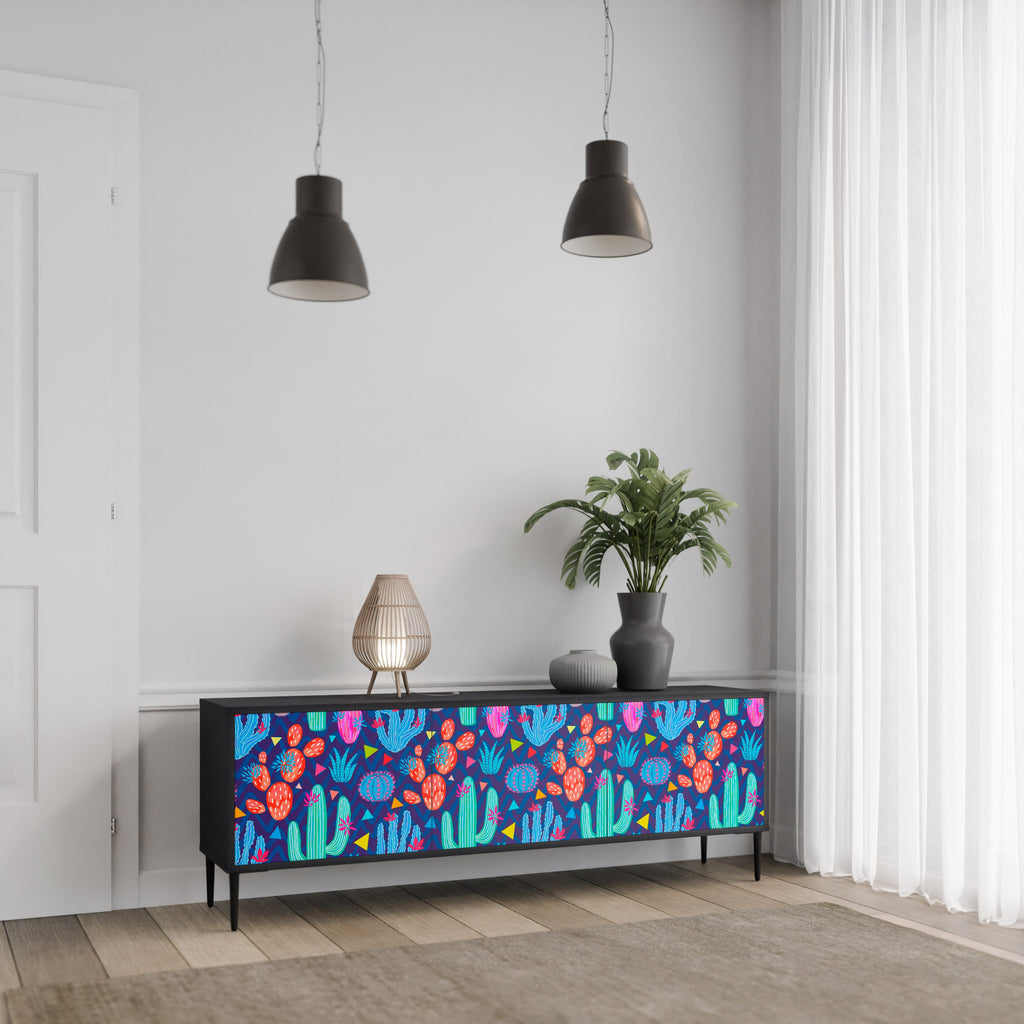 CACTUS VIBES Móvel de TV com 3 Portas em Acabamento Preto