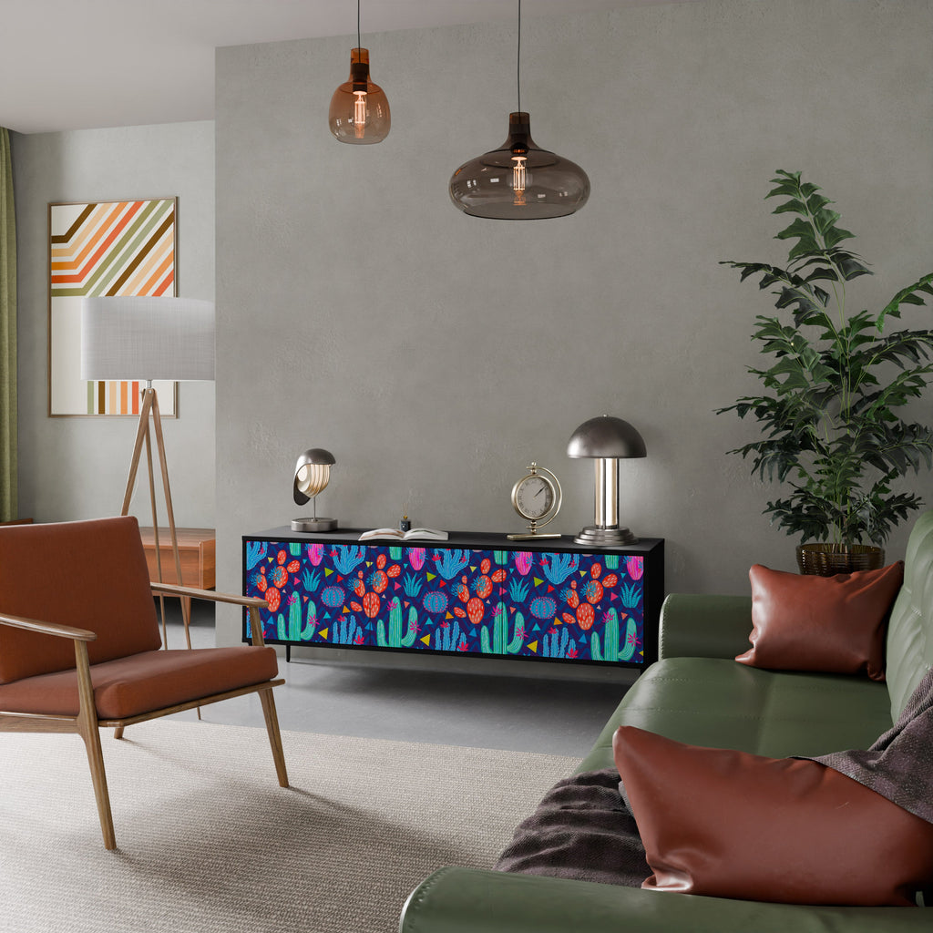 CACTUS VIBES Móvel de TV com 3 Portas em Acabamento Preto