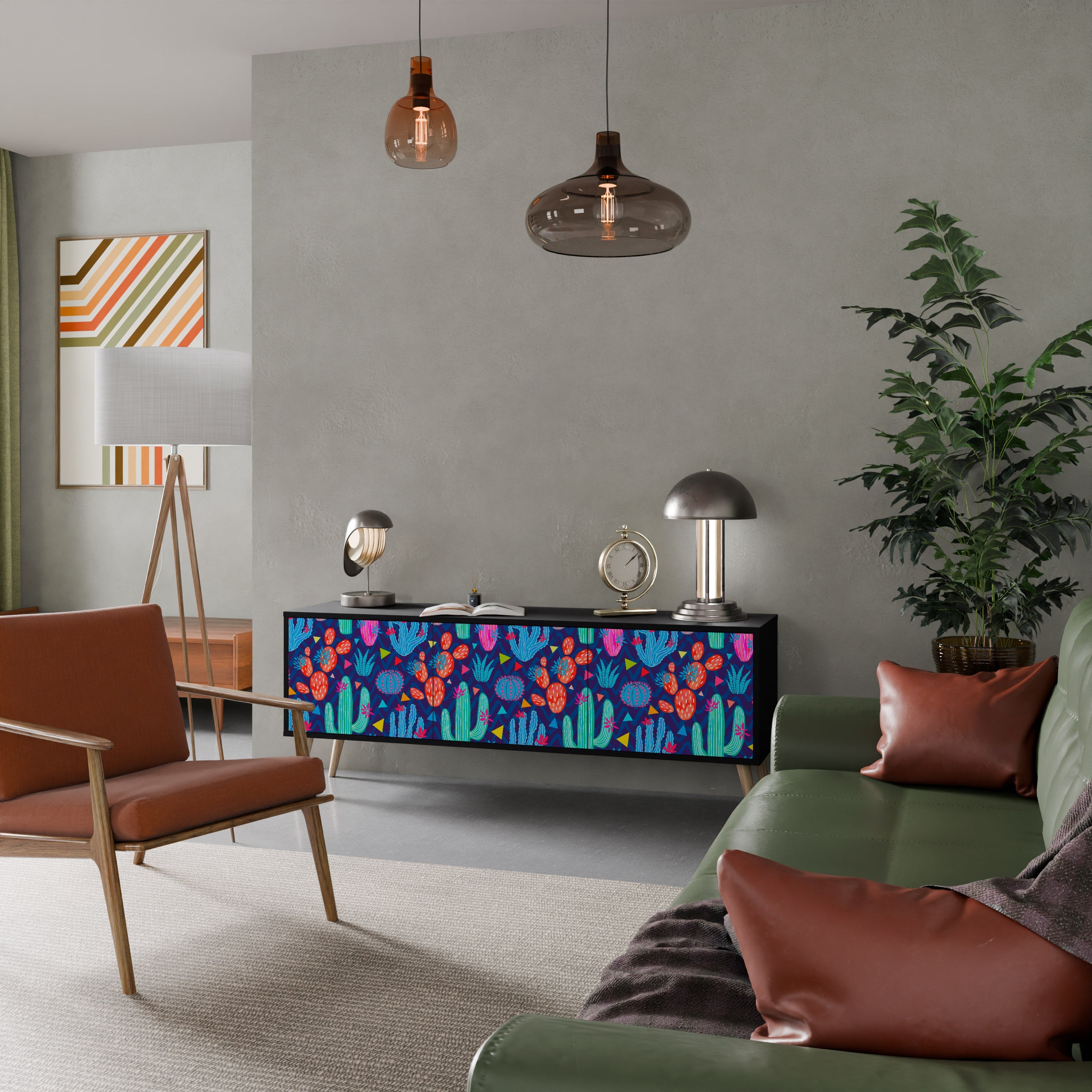 CACTUS VIBES Móvel de TV com 3 Portas em Acabamento Preto