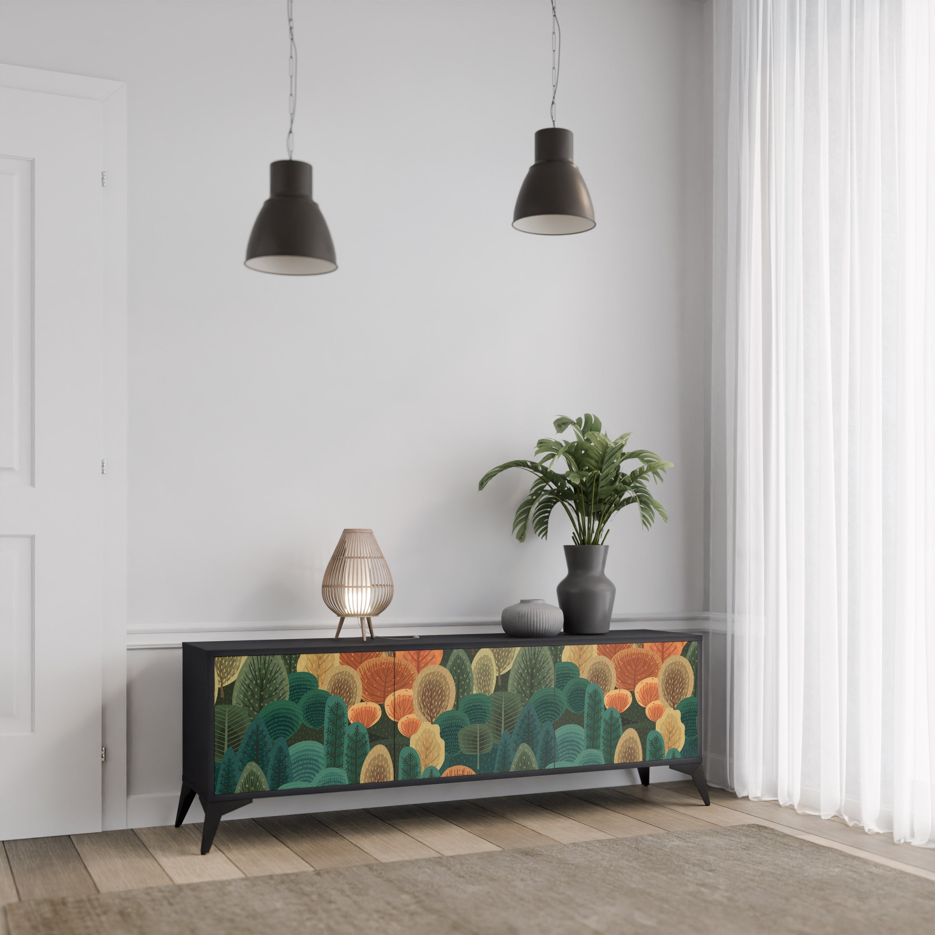 AUTUMN KALEIDOSCOPE 3-Door TV Stand in Black Finish