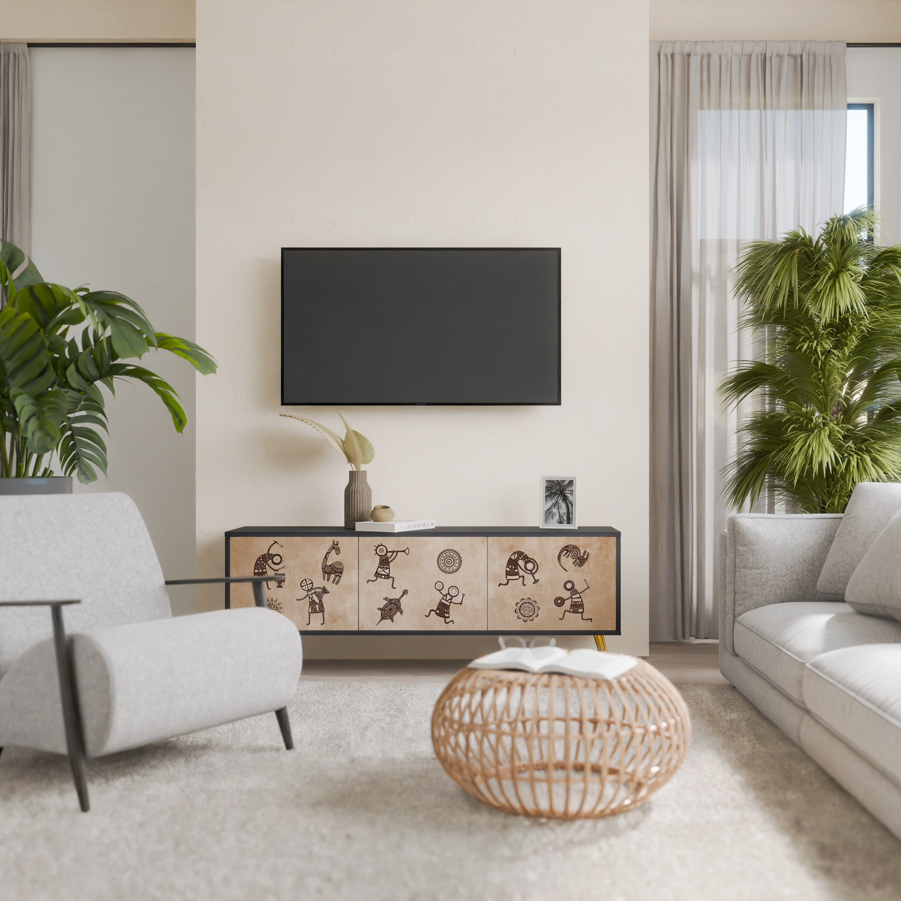 AFRICAN STYLE Móvel de TV com 3 Portas em Acabamento Preto