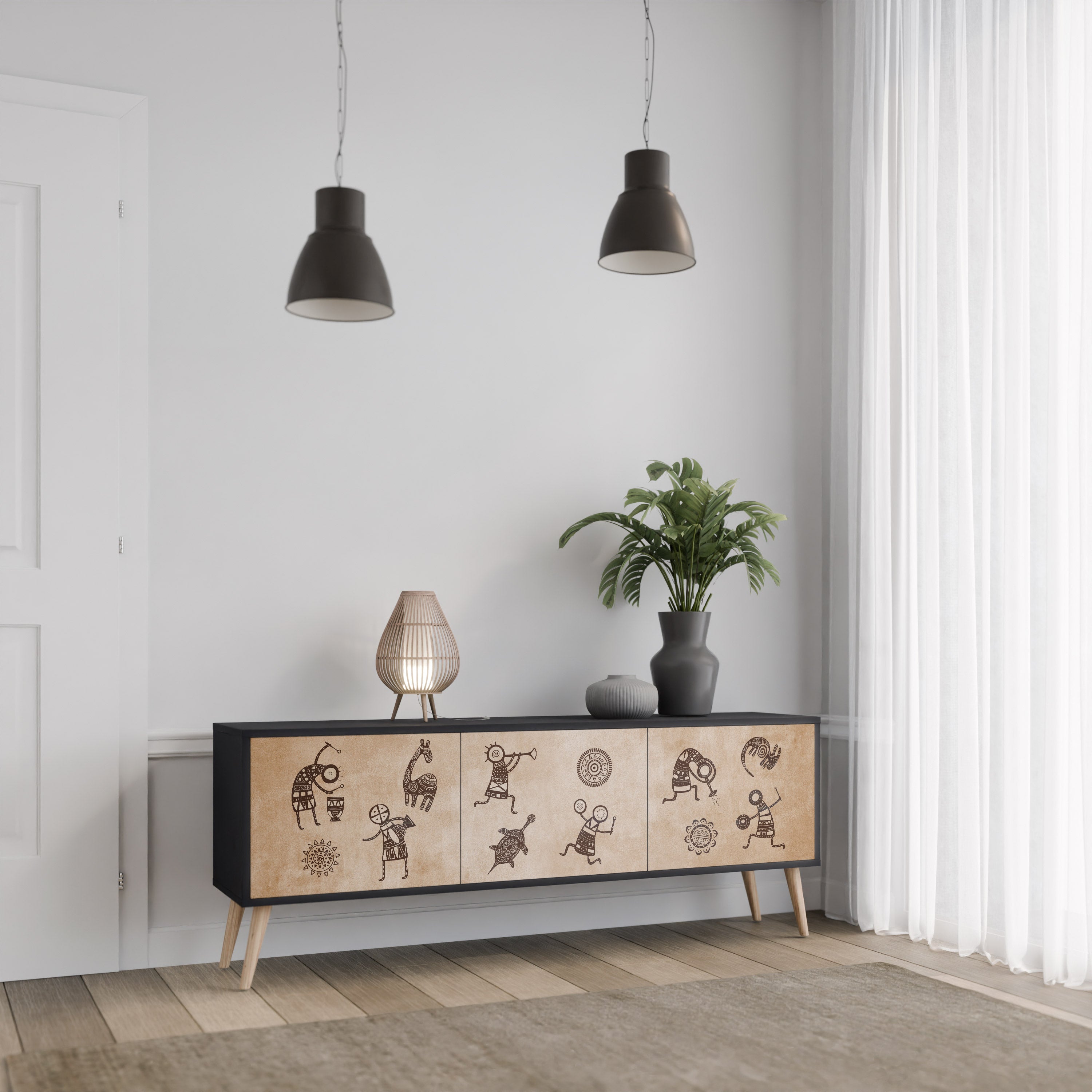 AFRICAN STYLE Móvel de TV com 3 Portas em Acabamento Preto