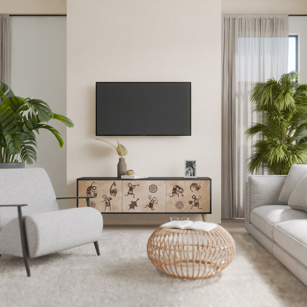 AFRICAN STYLE Móvel de TV com 3 Portas em Acabamento Preto