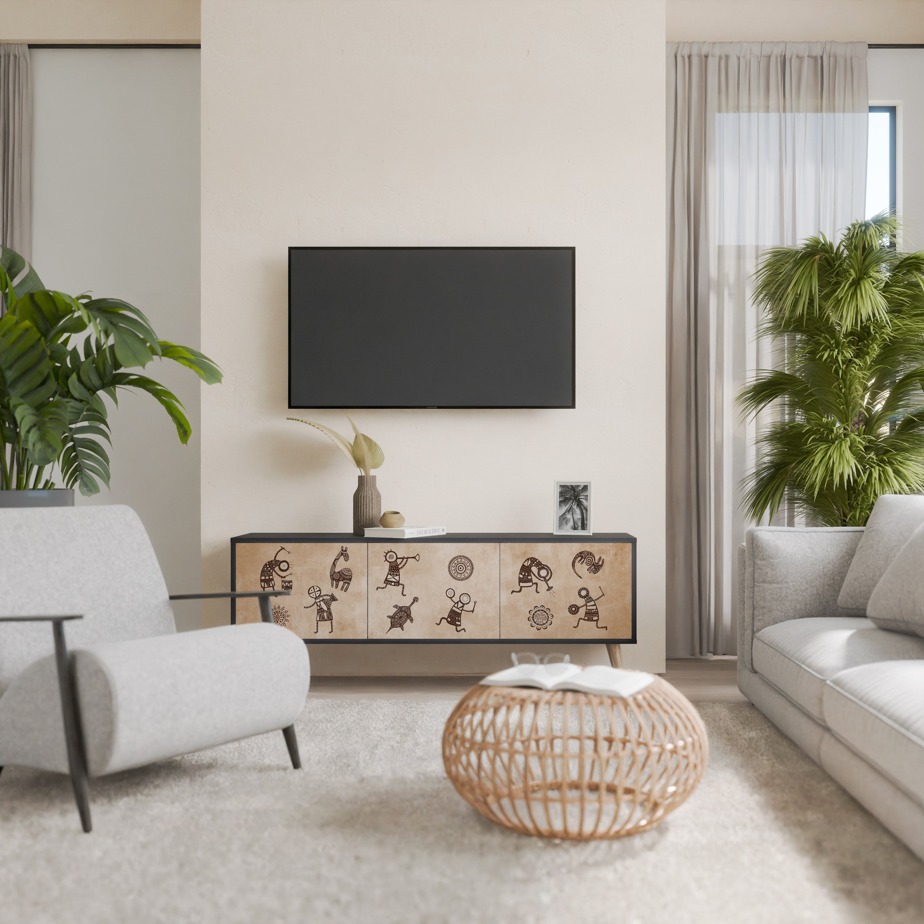 AFRICAN STYLE Móvel de TV com 3 Portas em Acabamento Preto