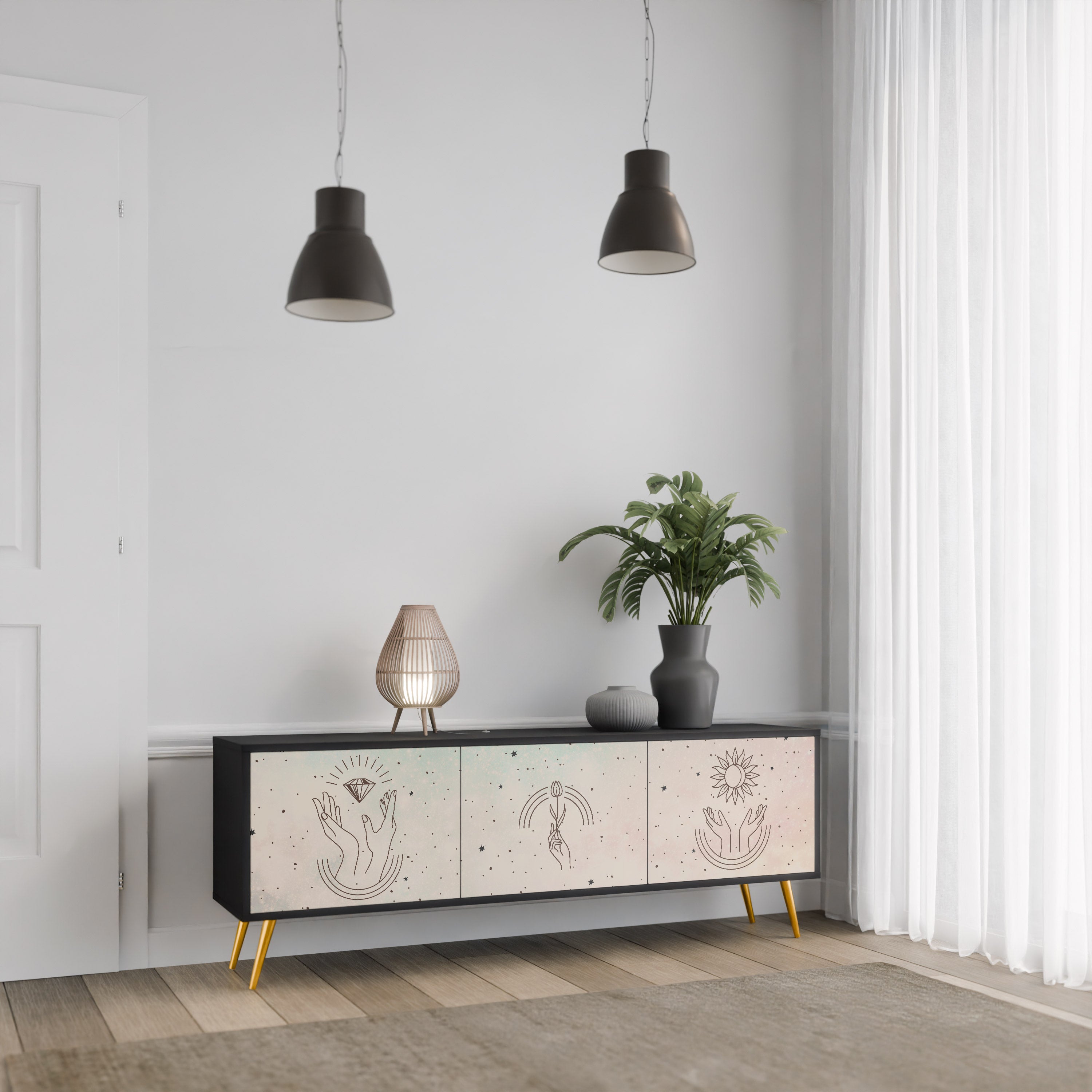 DELICATE BEAUTY Móvel de TV com 3 Portas em Acabamento Preto