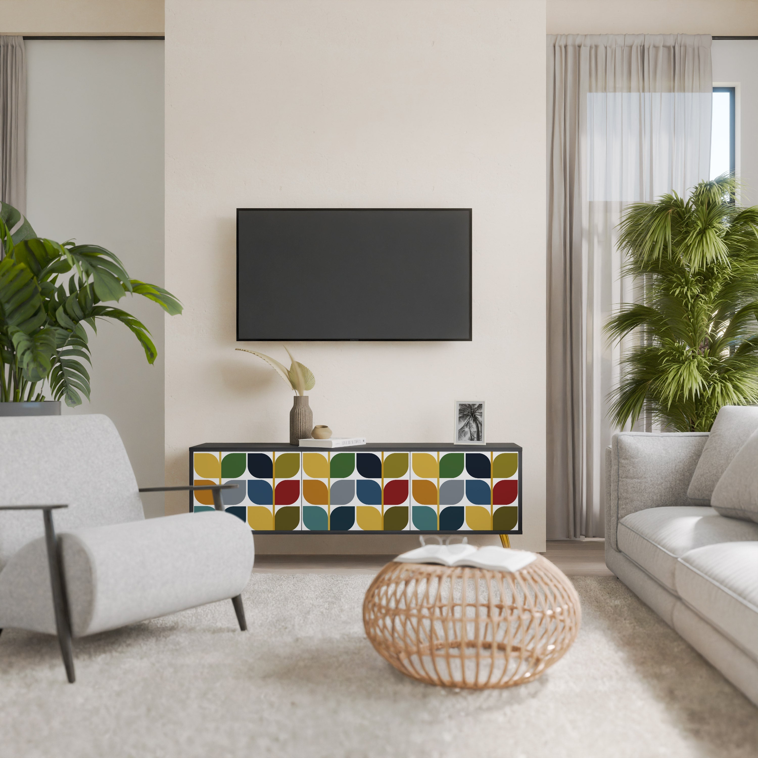 WEIGHTLESS HOURS 3-Door TV Stand in Black Finish