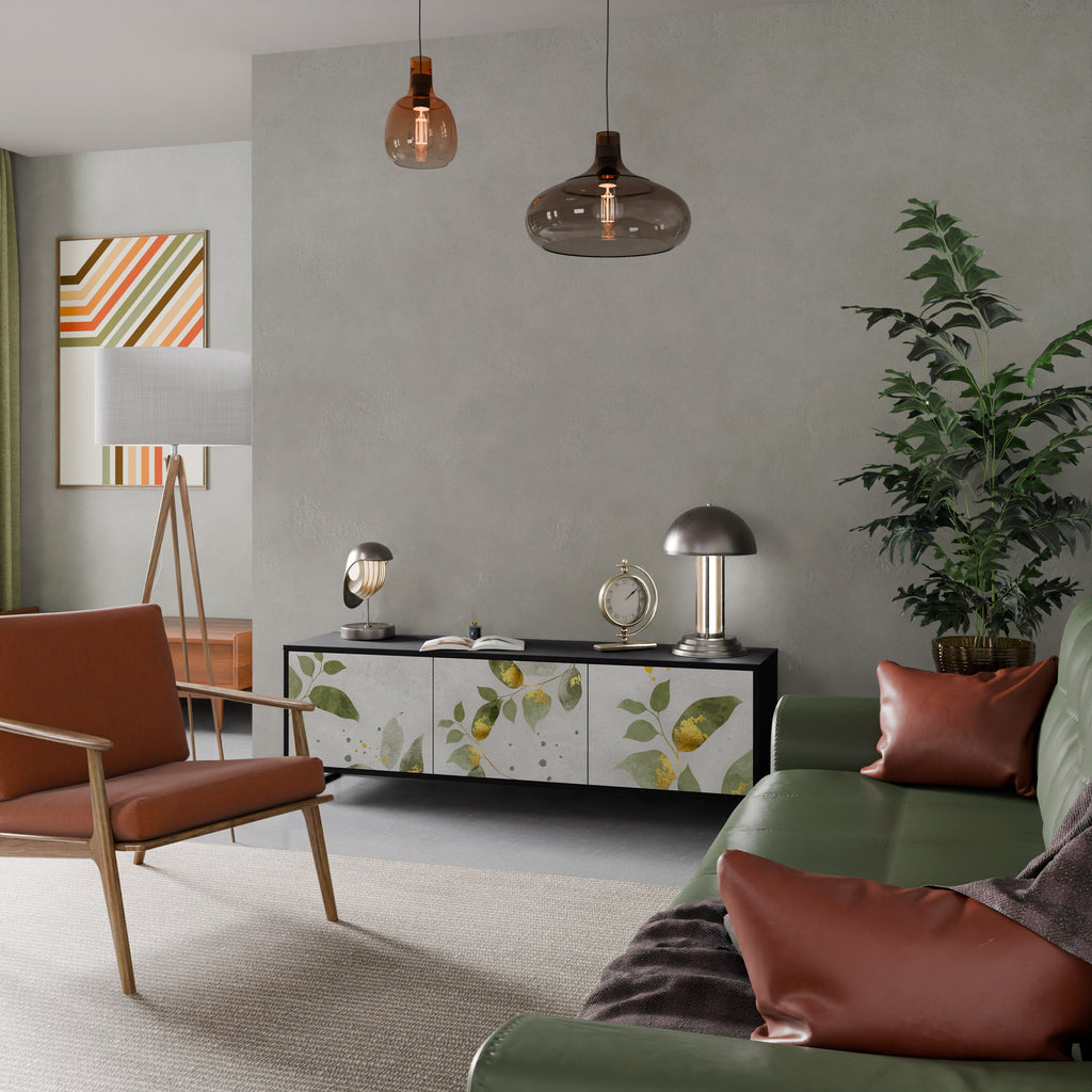 ELEGANT BOTANICS Móvel de TV com 3 Portas em Acabamento Preto