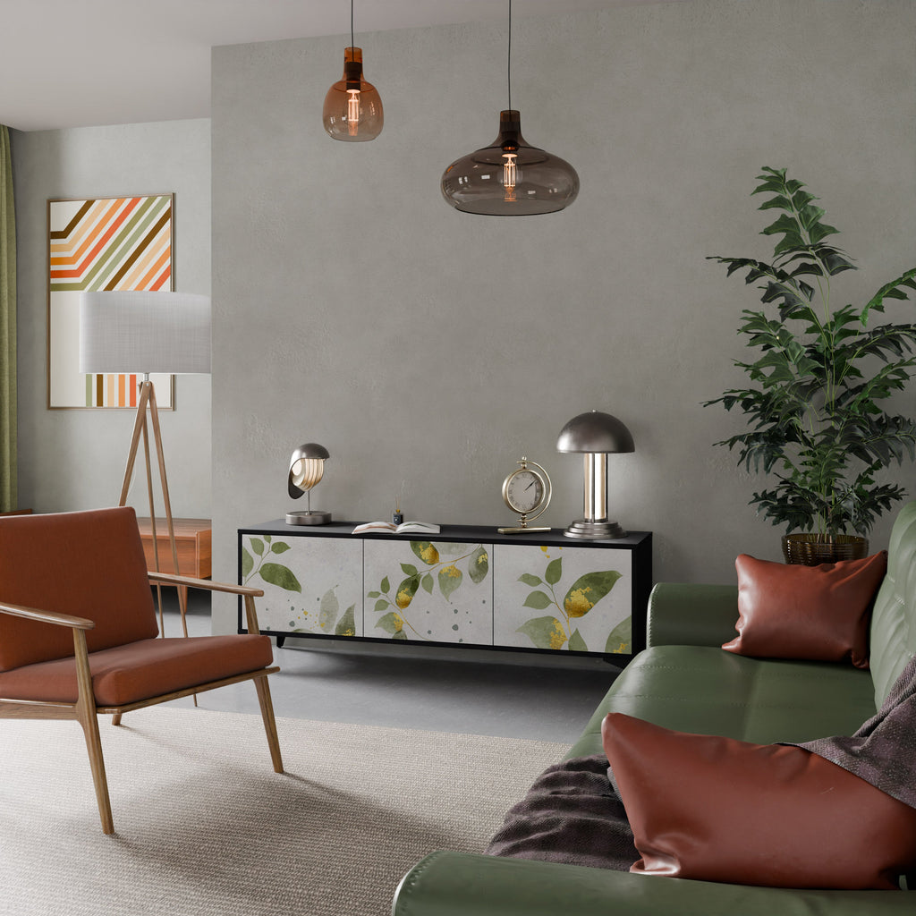 ELEGANT BOTANICS Móvel de TV com 3 Portas em Acabamento Preto