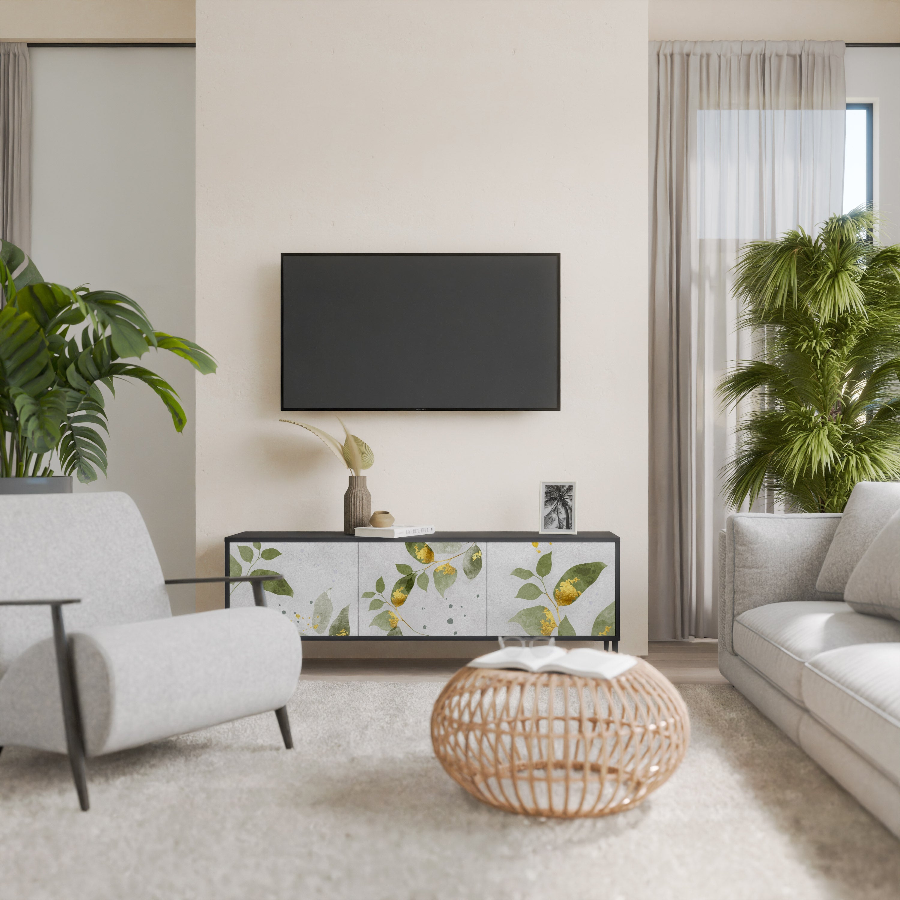 ELEGANT BOTANICS Móvel de TV com 3 Portas em Acabamento Preto