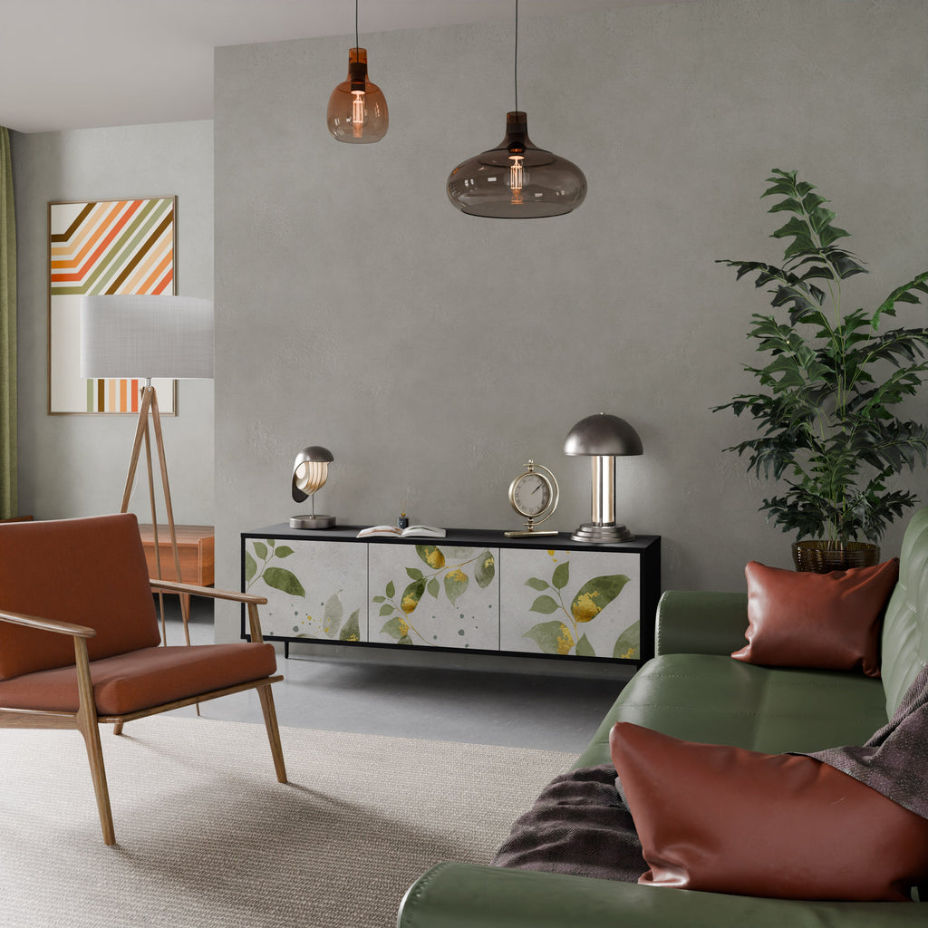 ELEGANT BOTANICS Móvel de TV com 3 Portas em Acabamento Preto