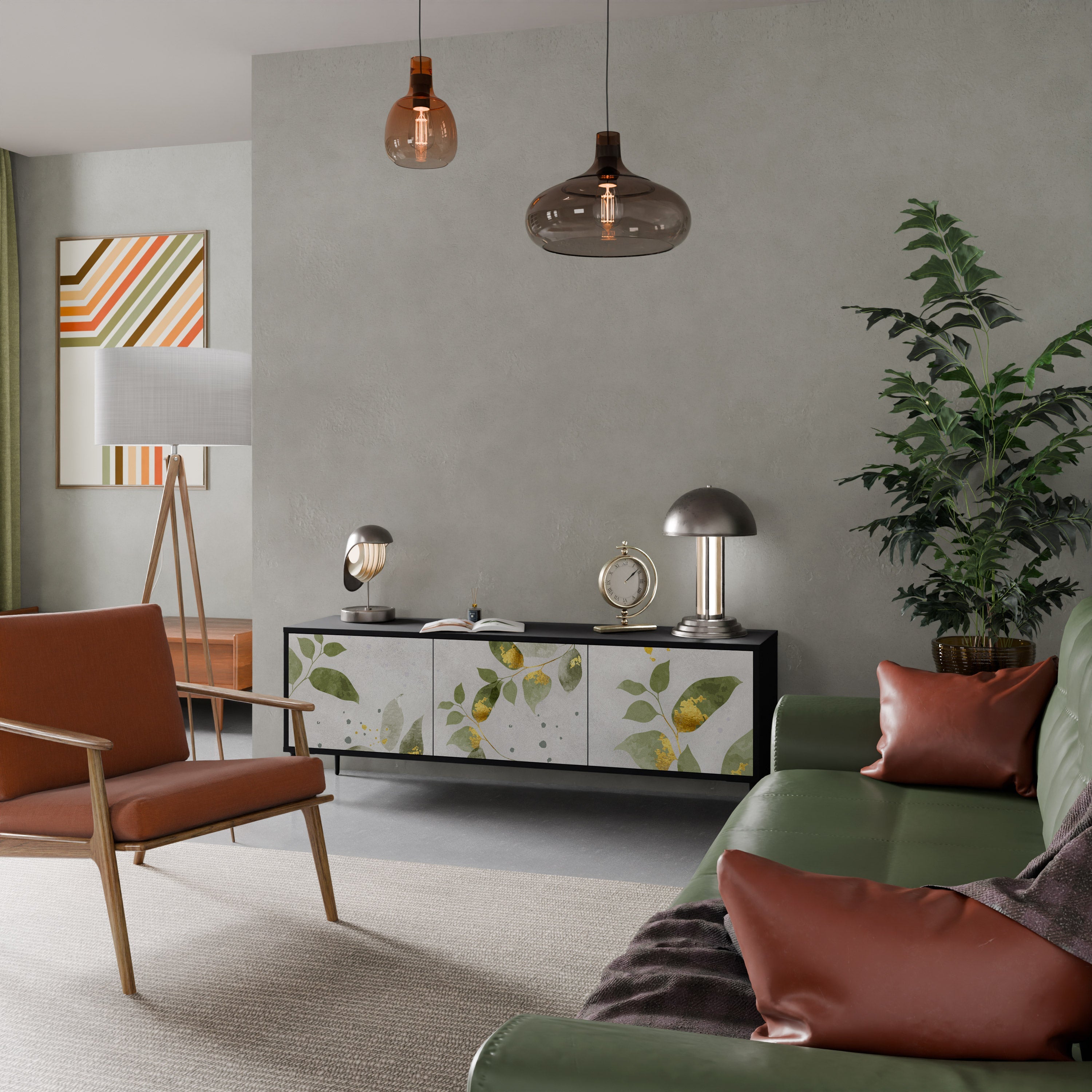 ELEGANT BOTANICS Móvel de TV com 3 Portas em Acabamento Preto