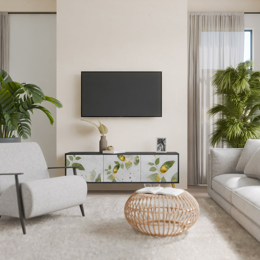 ELEGANT BOTANICS Móvel de TV com 3 Portas em Acabamento Preto