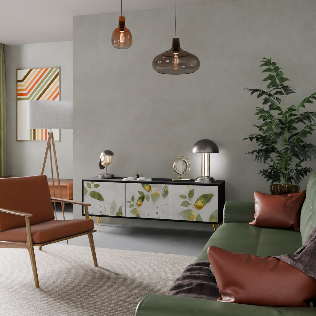 ELEGANT BOTANICS Móvel de TV com 3 Portas em Acabamento Preto