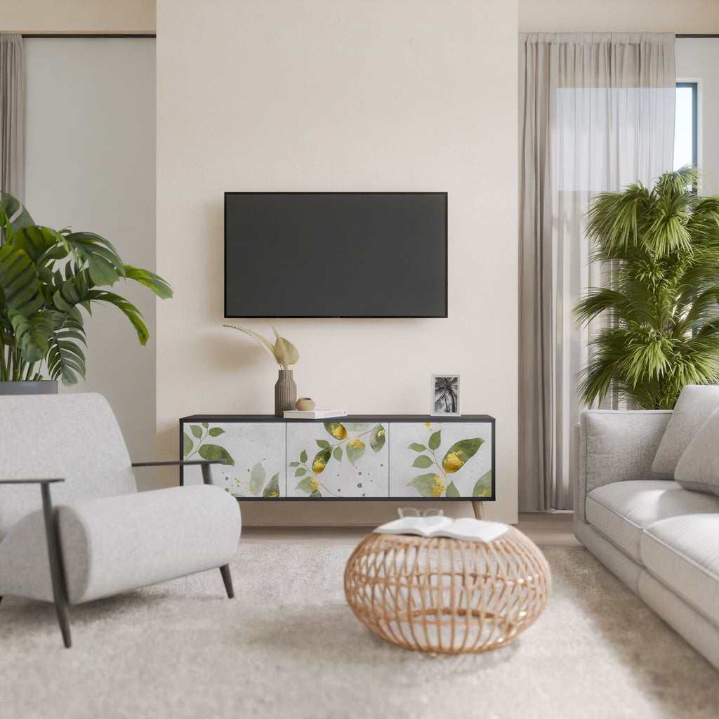 ELEGANT BOTANICS Móvel de TV com 3 Portas em Acabamento Preto
