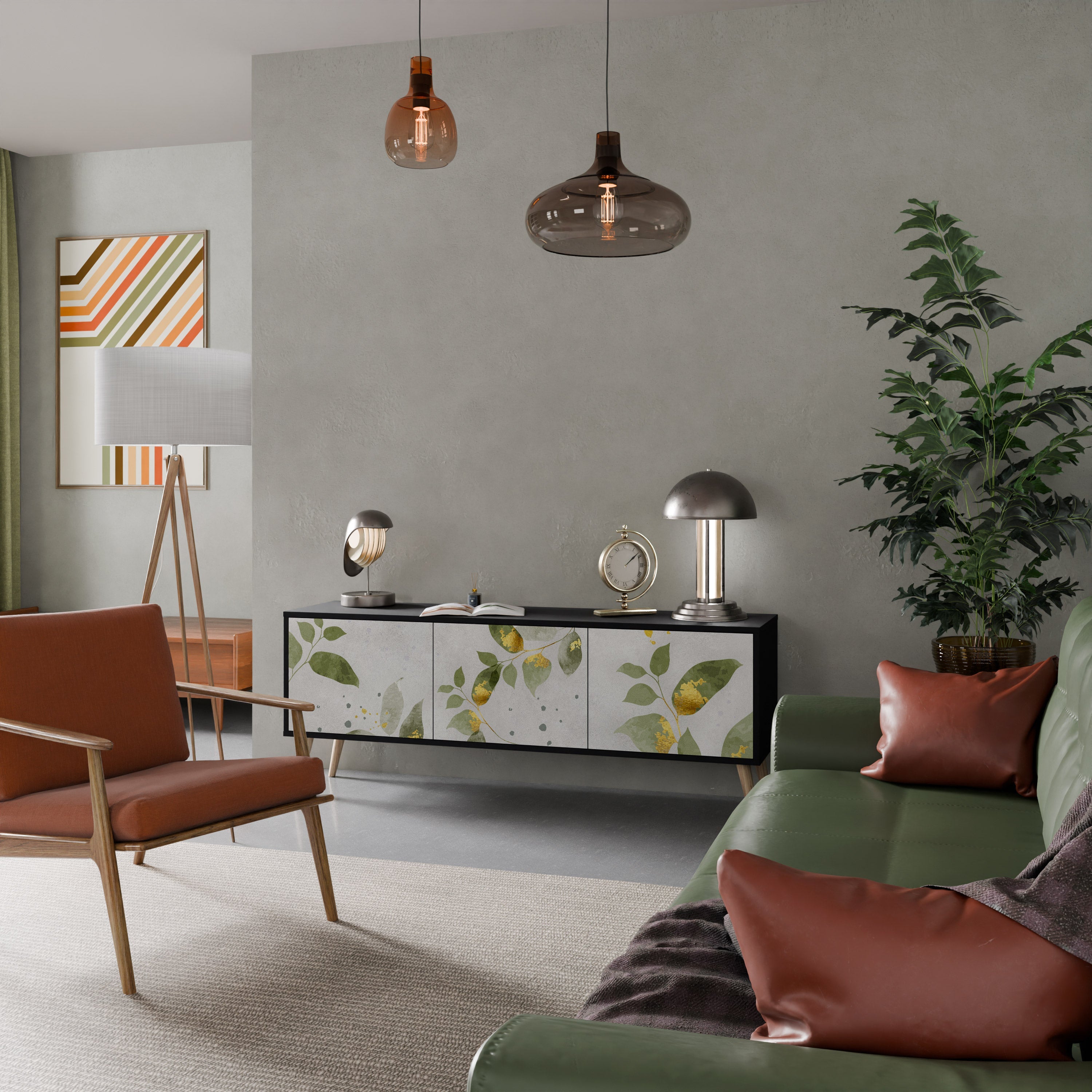 ELEGANT BOTANICS Móvel de TV com 3 Portas em Acabamento Preto