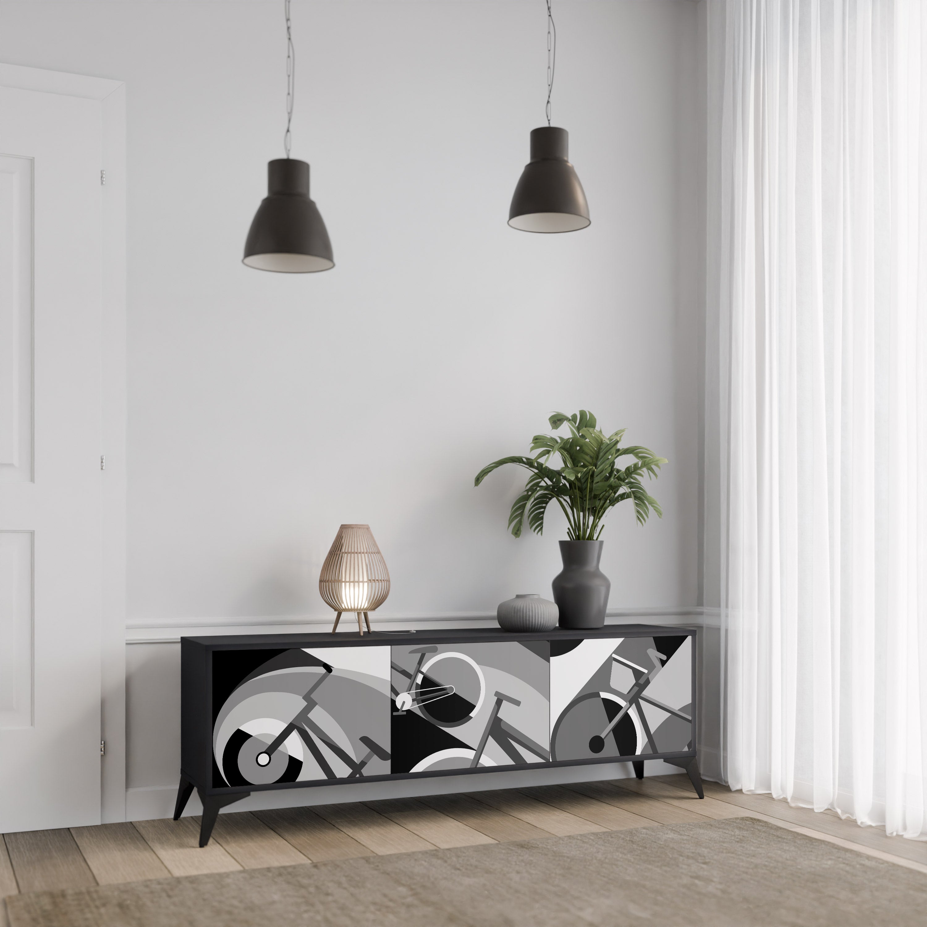 BIKE ENERGY Móvel de TV com 3 Portas em Acabamento Preto