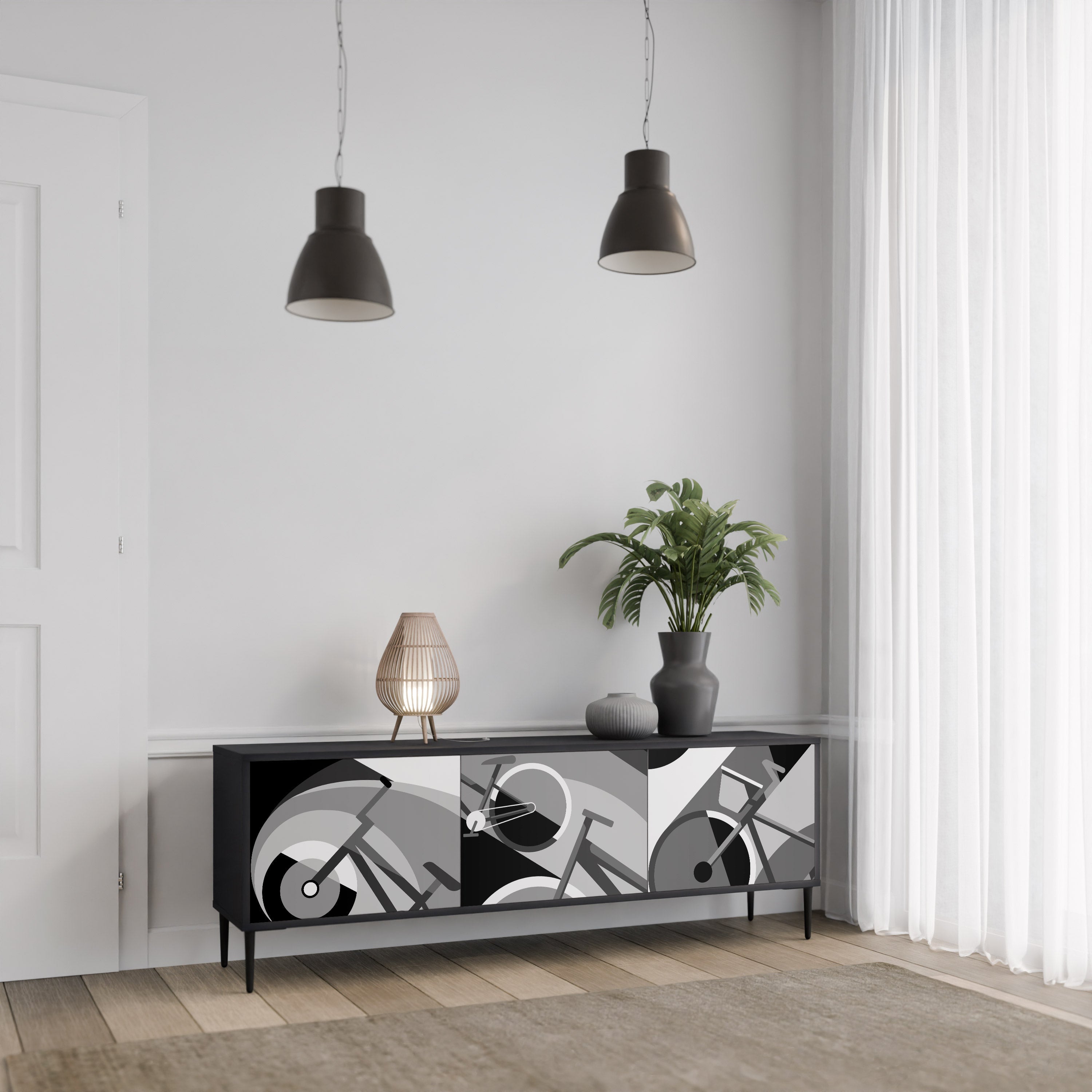 BIKE ENERGY Móvel de TV com 3 Portas em Acabamento Preto