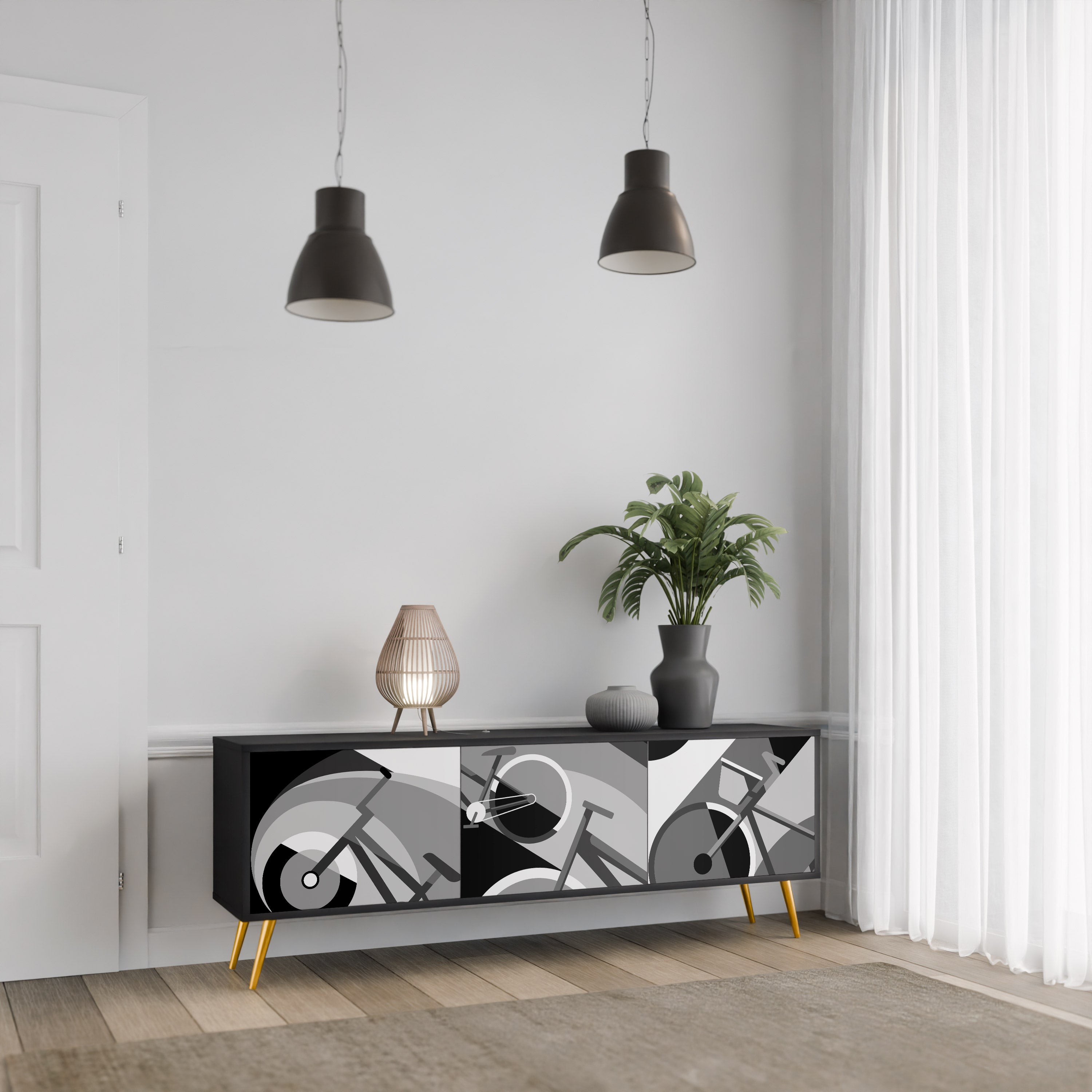 BIKE ENERGY Móvel de TV com 3 Portas em Acabamento Preto