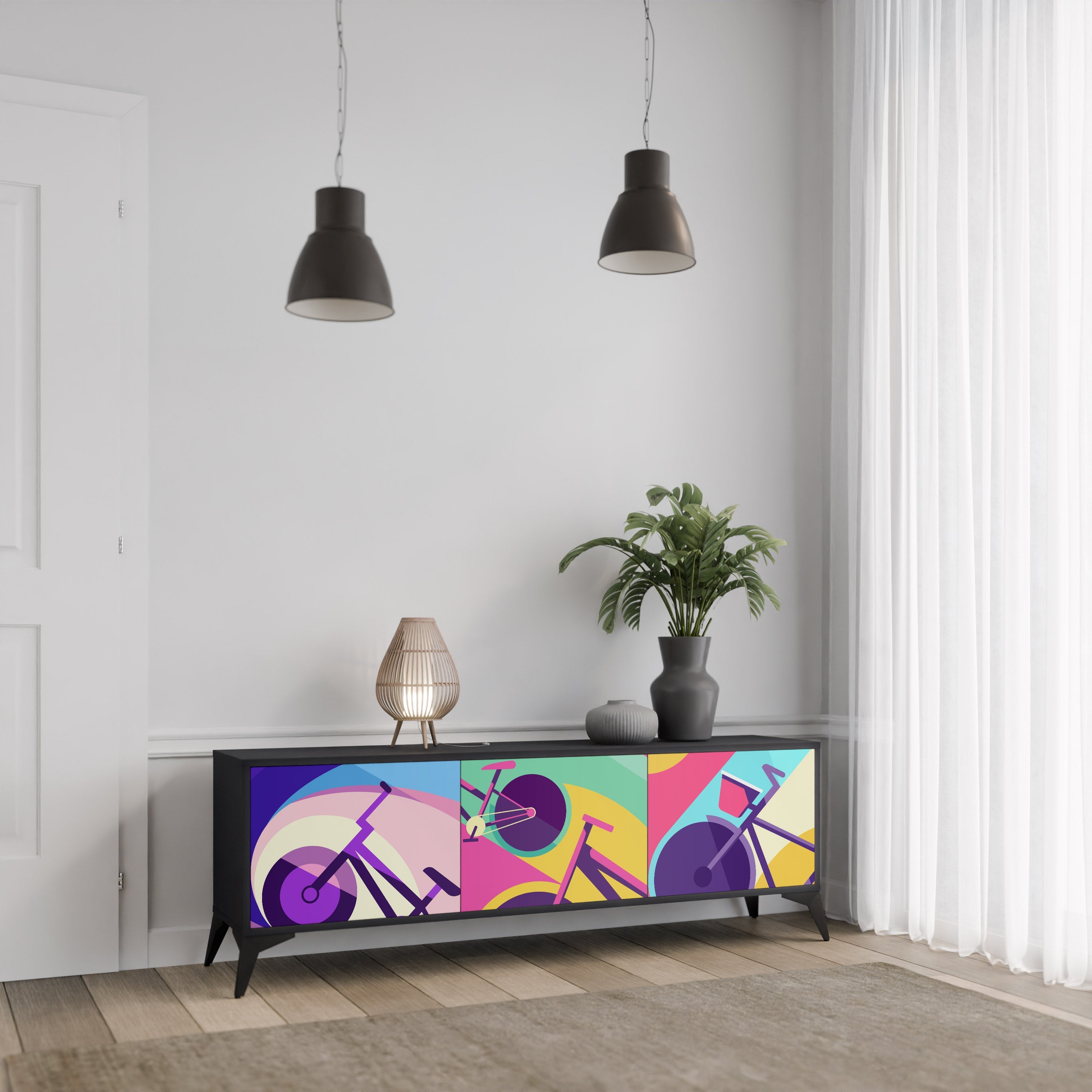 BIKE DREAMS Móvel de TV com 3 Portas em Acabamento Preto