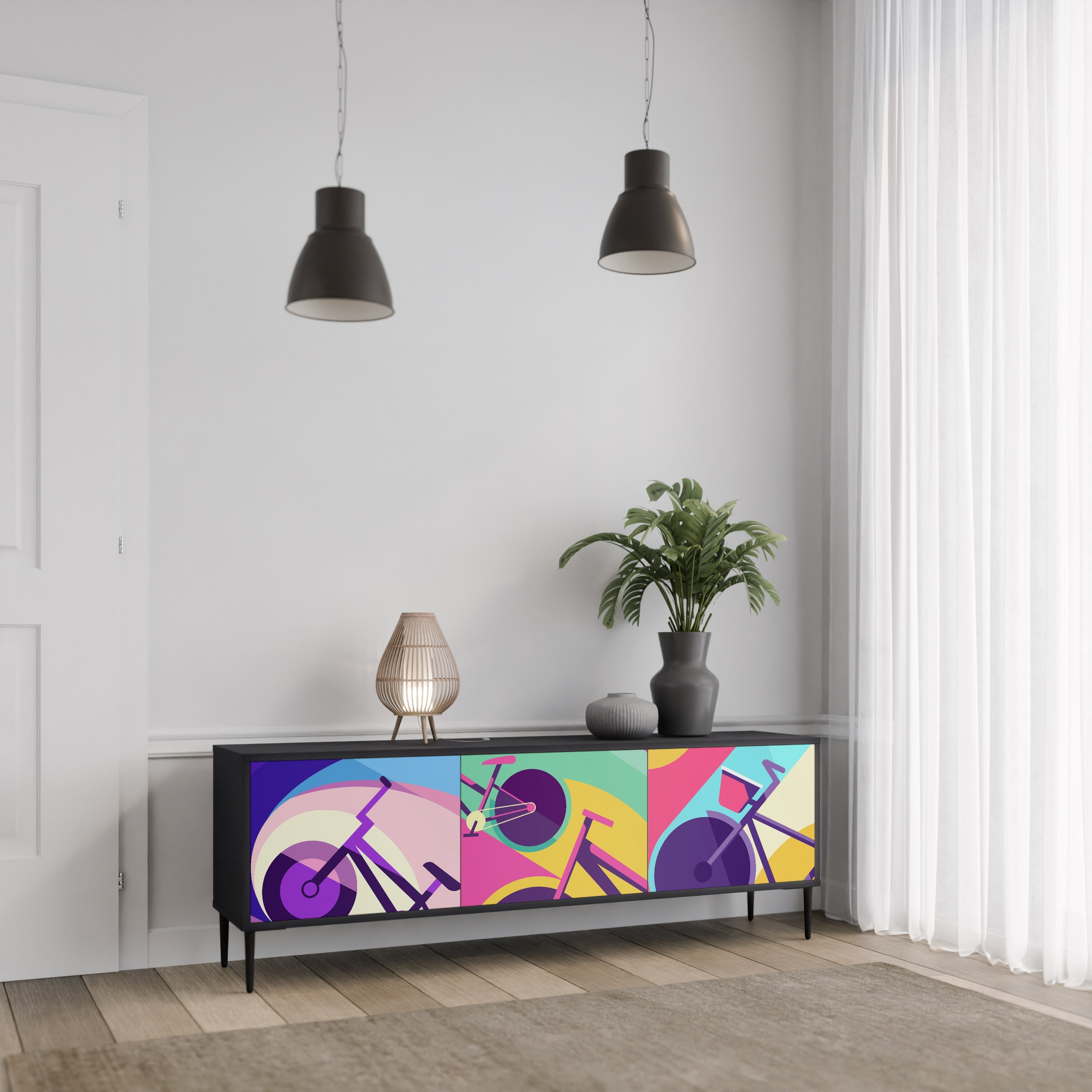 BIKE DREAMS Móvel de TV com 3 Portas em Acabamento Preto