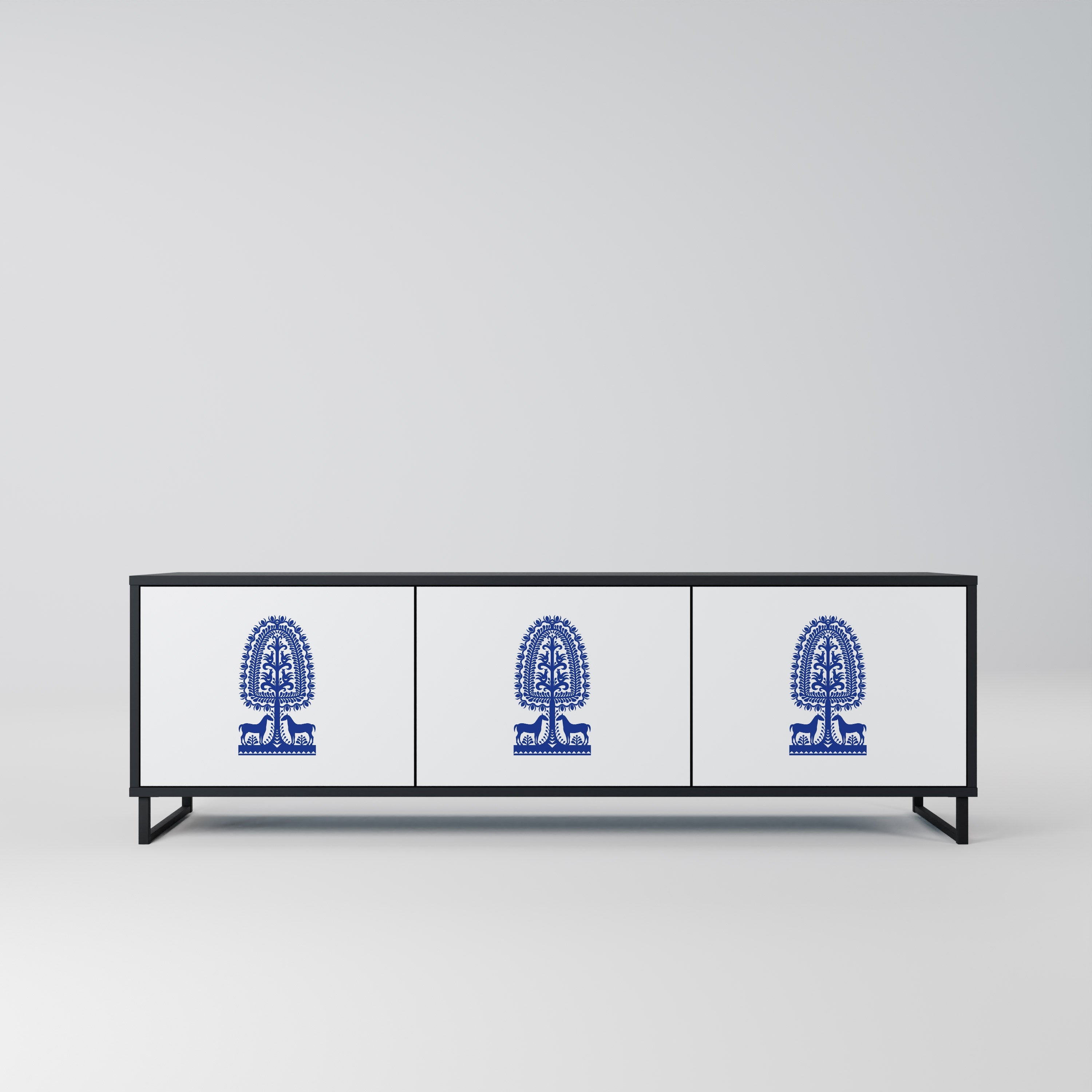 POLISH FOLK ART Móvel de TV com 3 Portas em Acabamento Preto