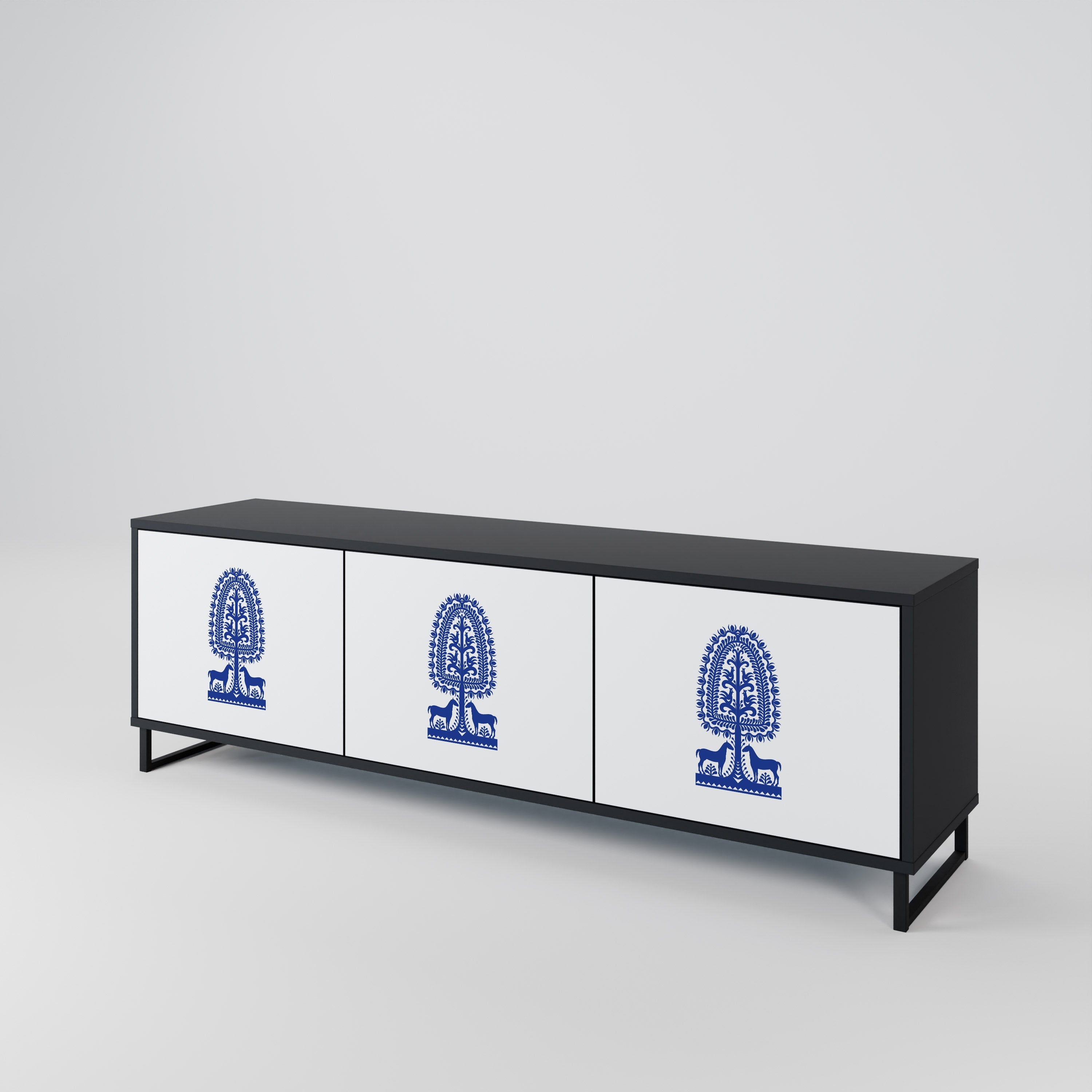 POLISH FOLK ART Móvel de TV com 3 Portas em Acabamento Preto