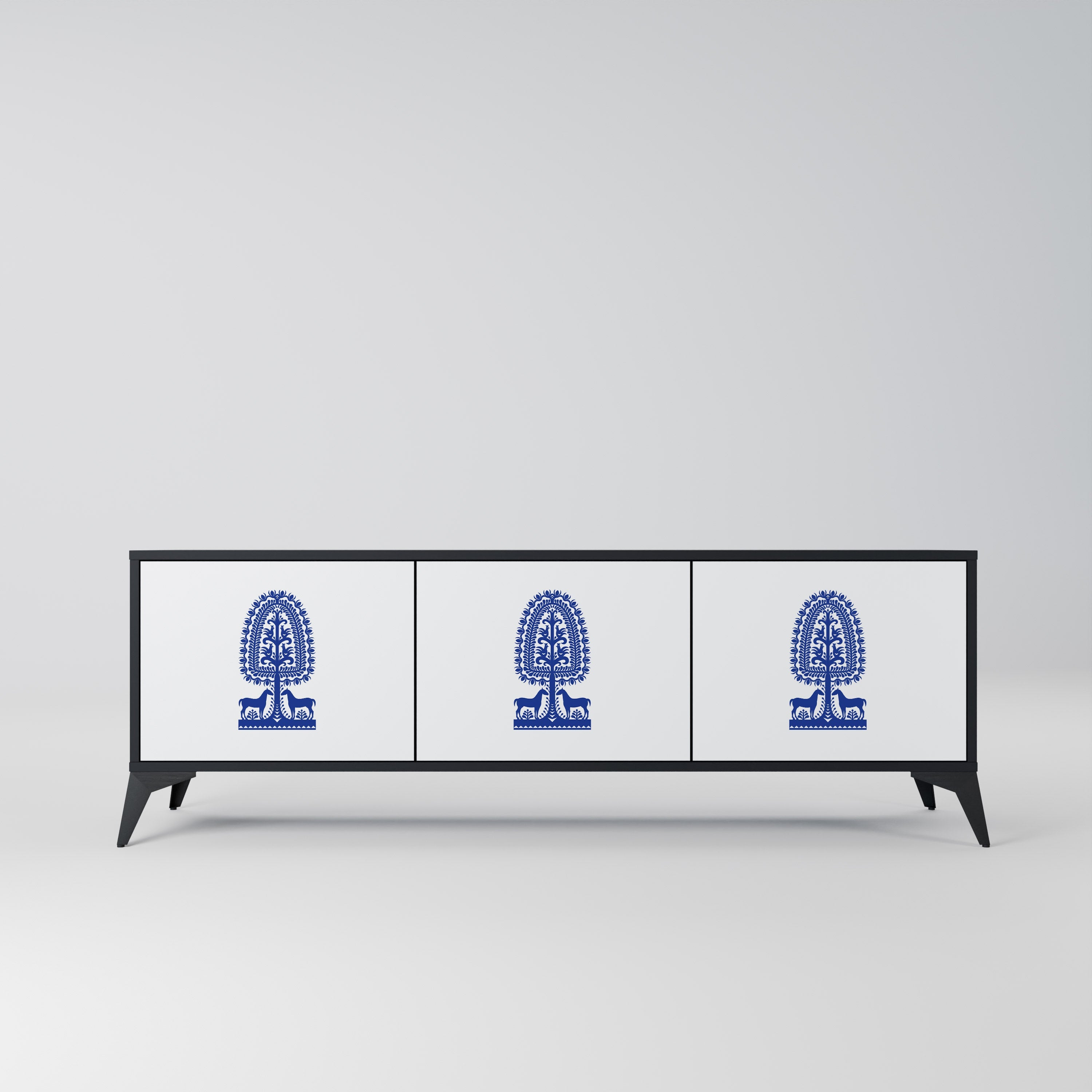 POLISH FOLK ART Móvel de TV com 3 Portas em Acabamento Preto