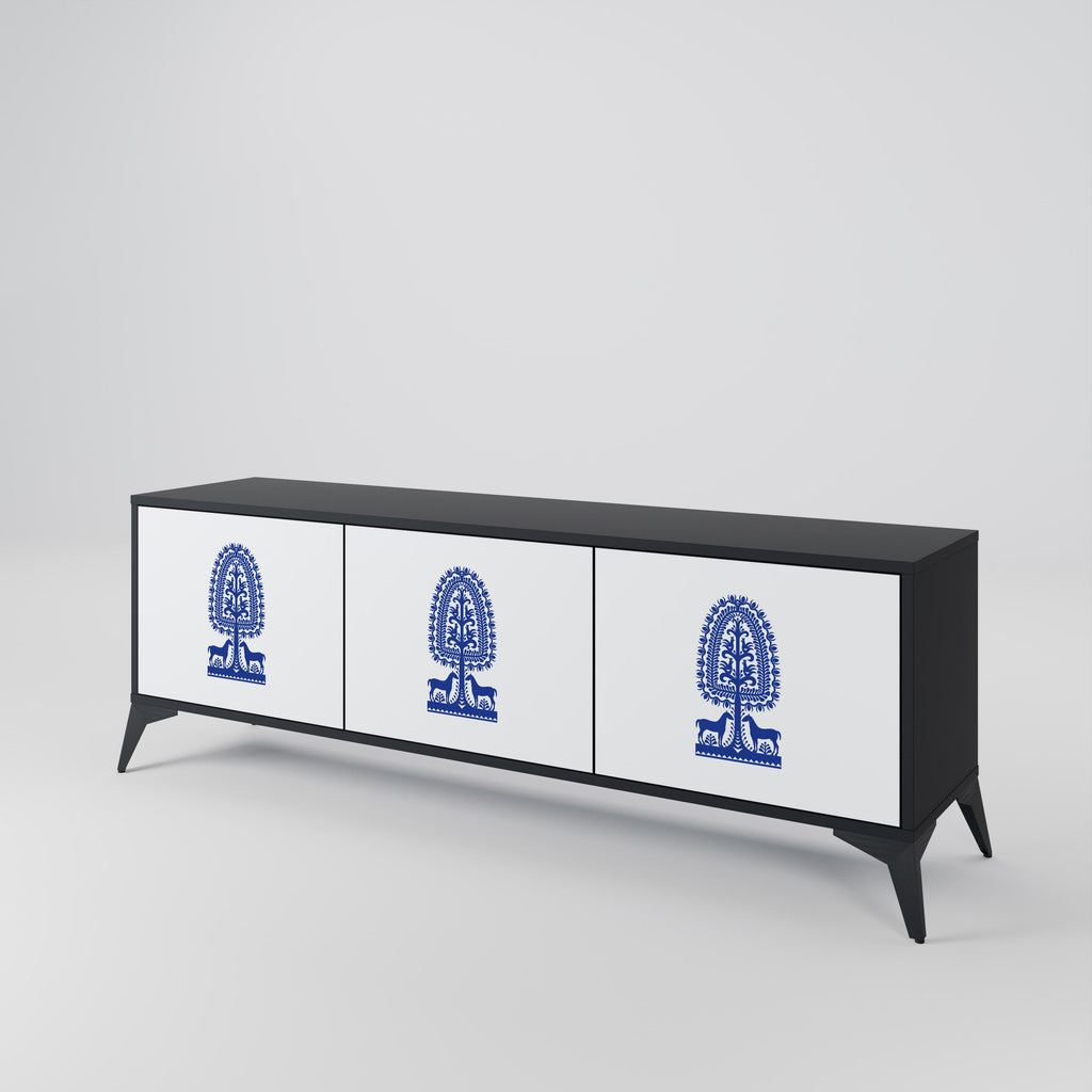 POLISH FOLK ART Móvel de TV com 3 Portas em Acabamento Preto