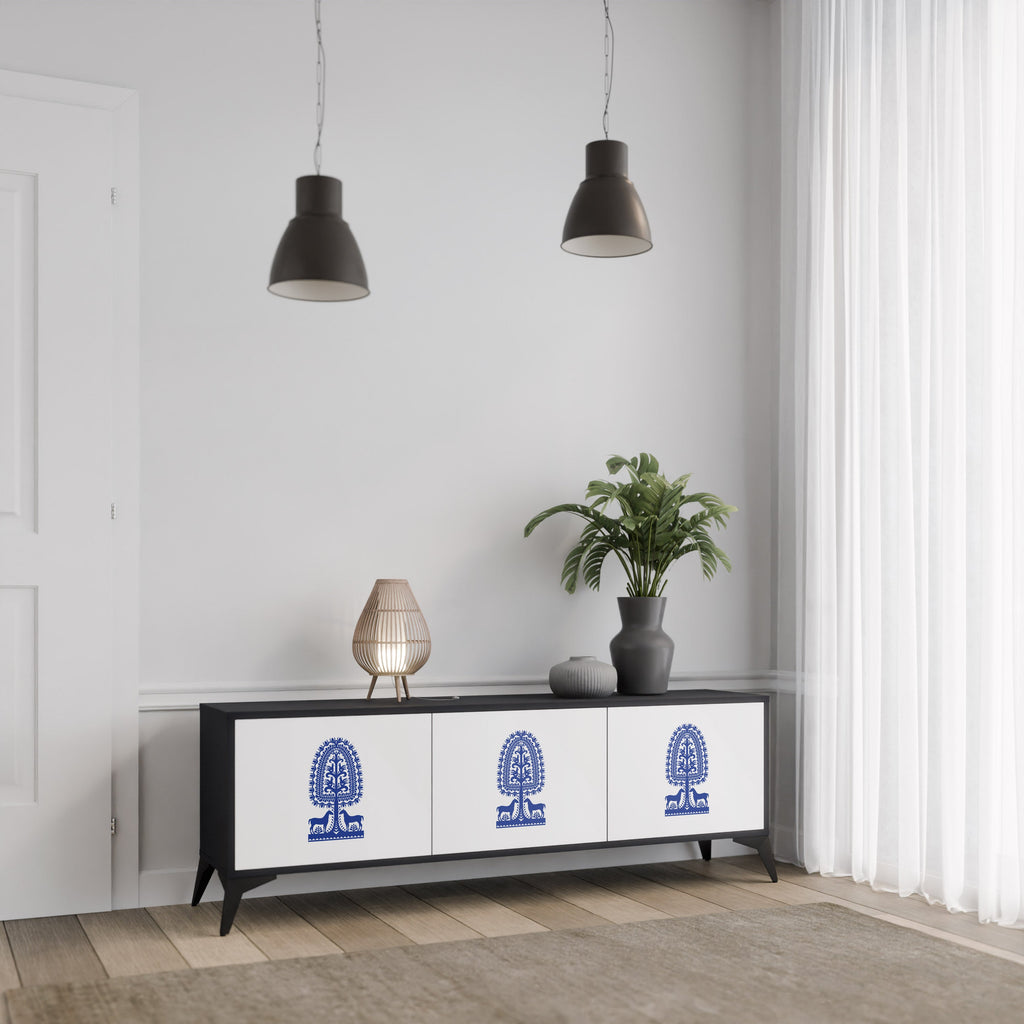 POLISH FOLK ART Móvel de TV com 3 Portas em Acabamento Preto