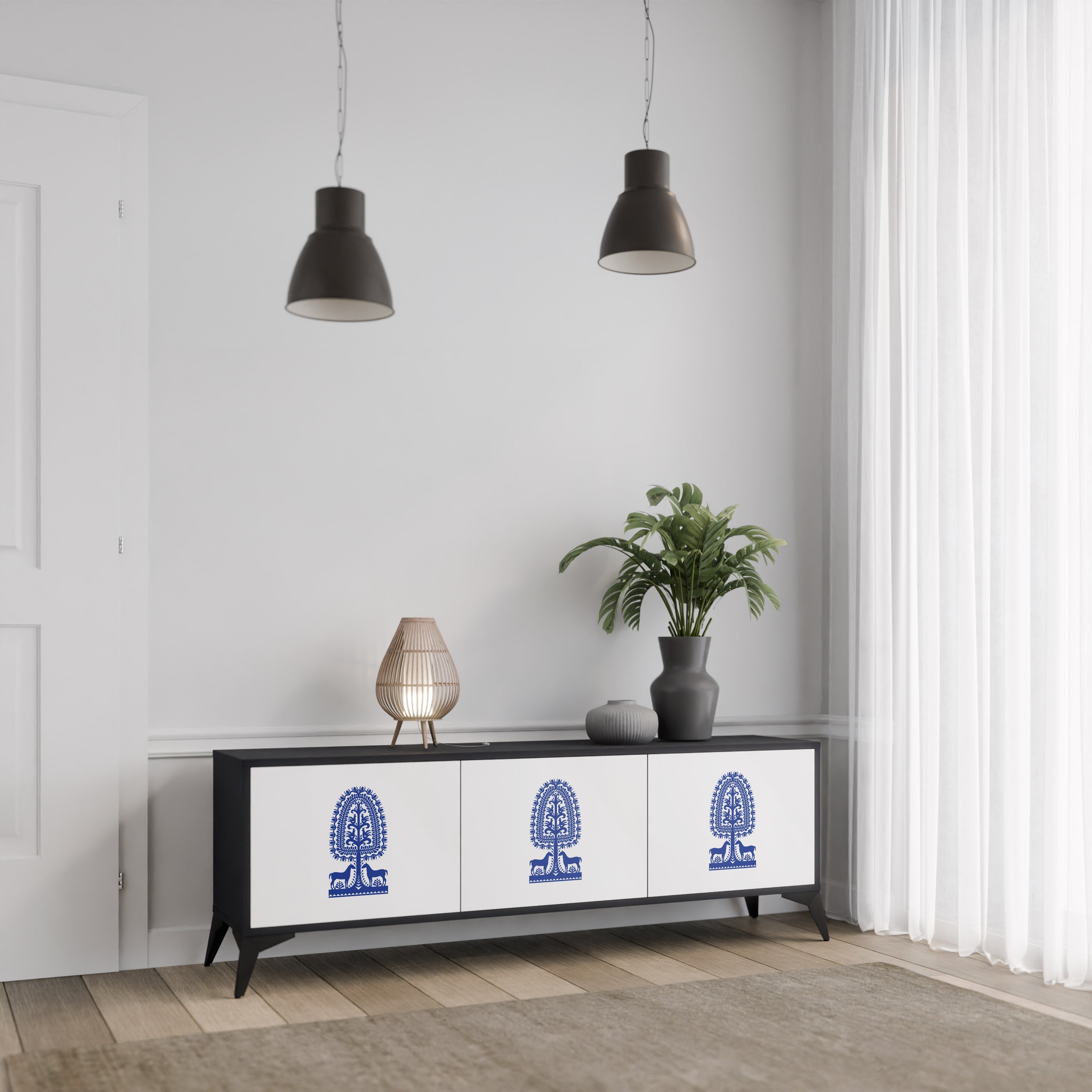 POLISH FOLK ART Móvel de TV com 3 Portas em Acabamento Preto